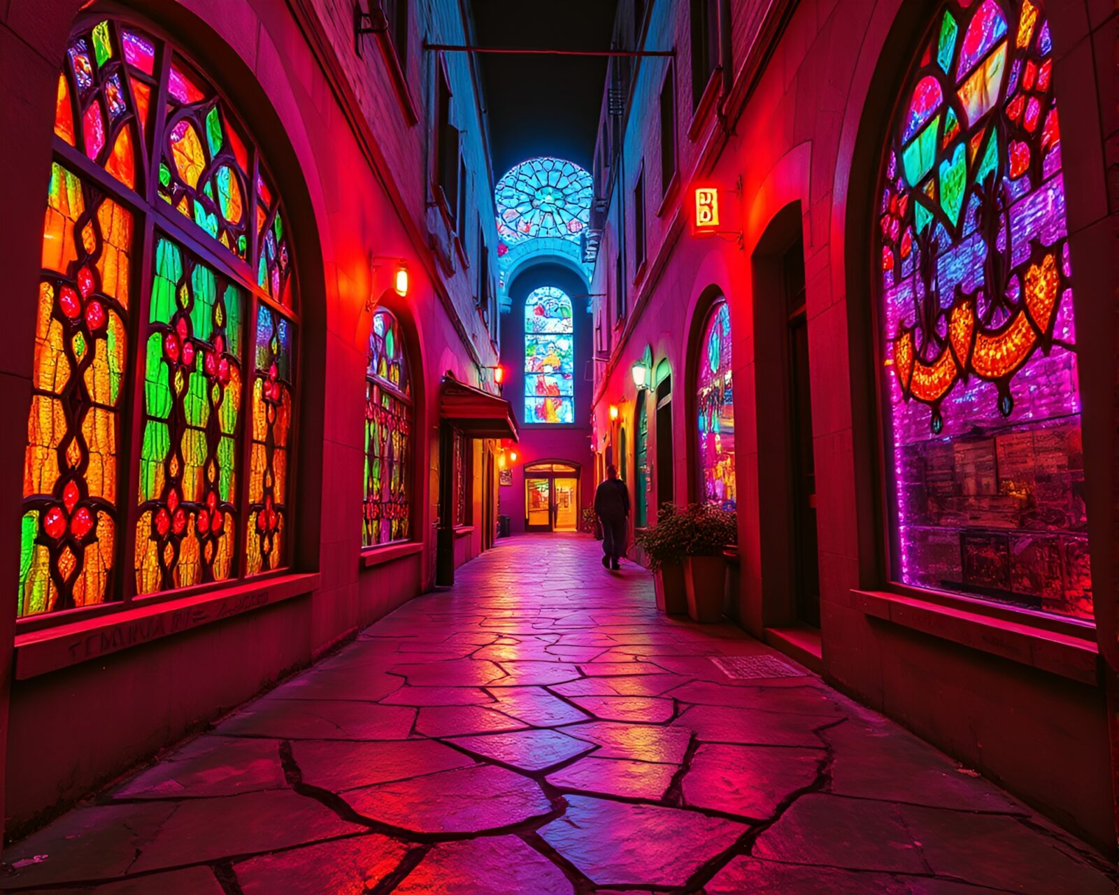Vibrant neon lights illuminating intricate stained glass artwork in alley