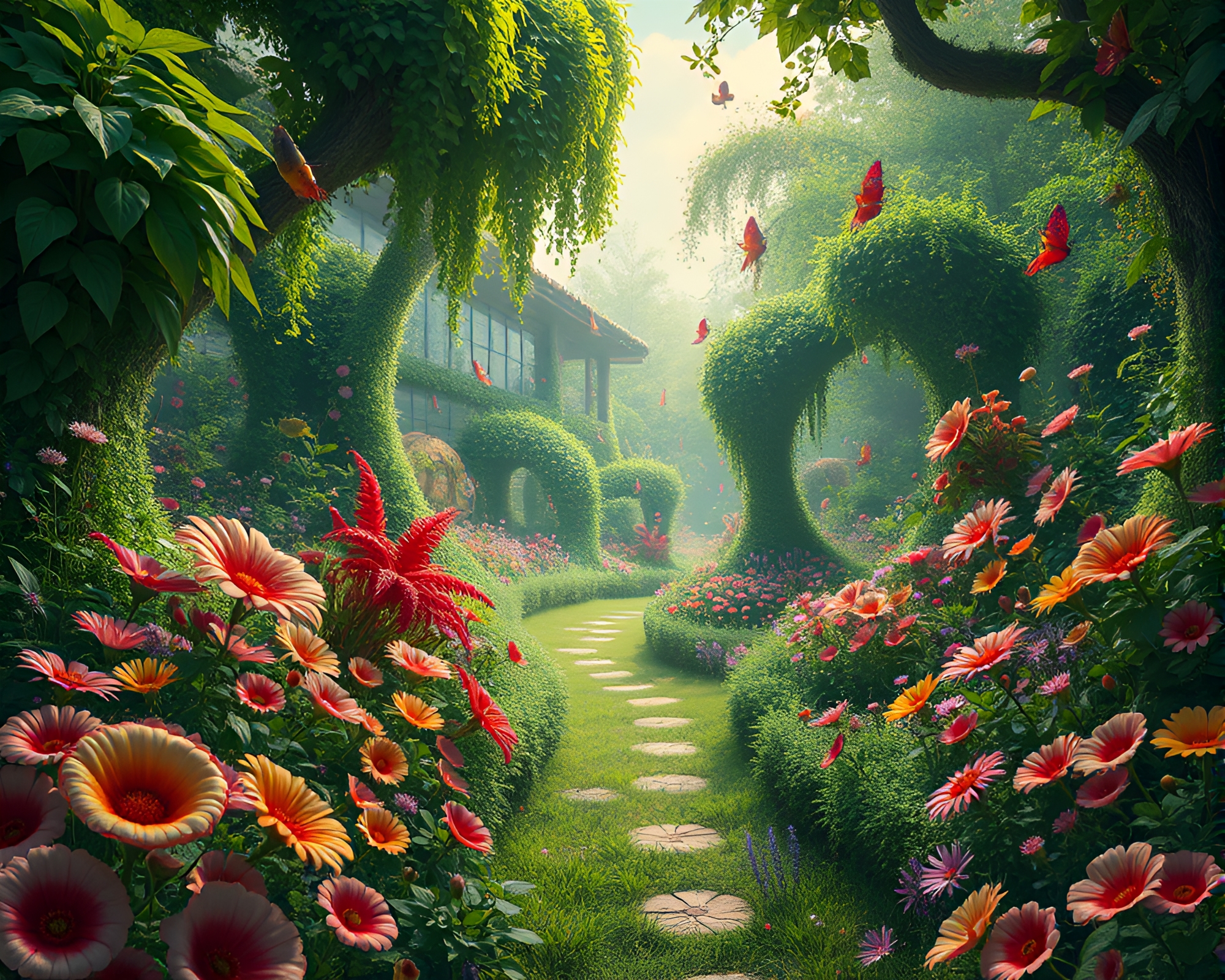 Dreamy Pop Art Garden Scene with Botanical Overgrowth – free AI stock image