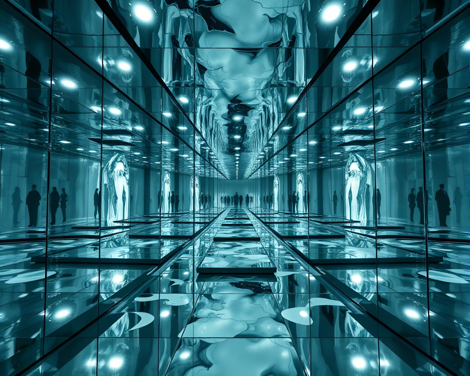 Intricate photomontage collage of reflective mirrors distorting reality
