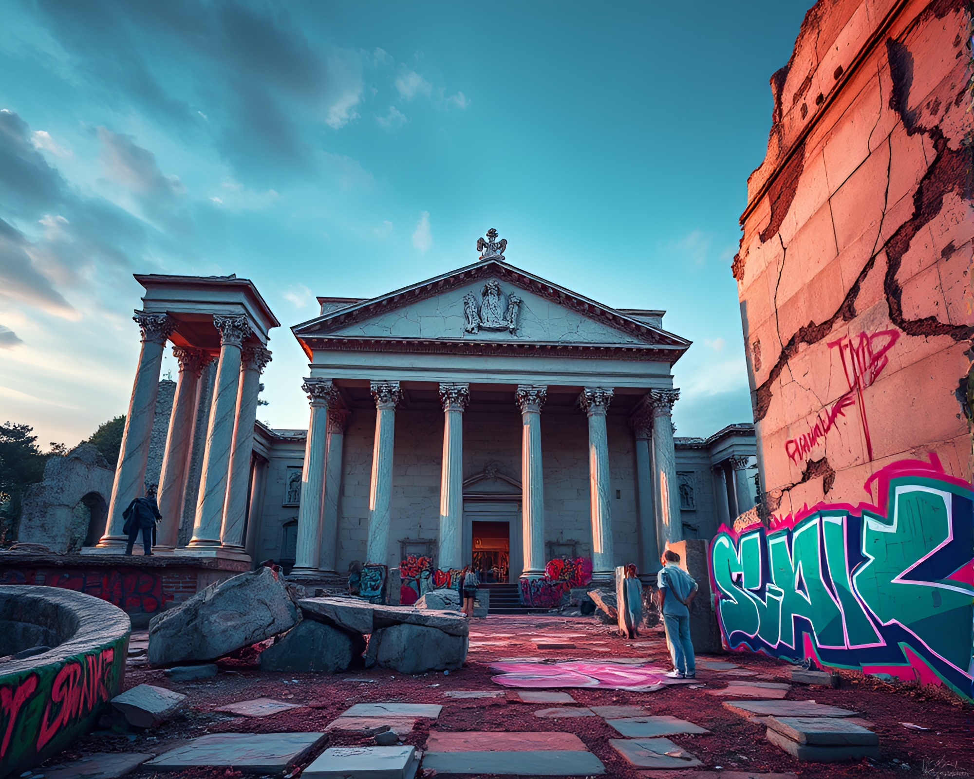 Serene Ruins: Ancient Marble Palace and Vibrant Neon Graffiti – free AI stock image