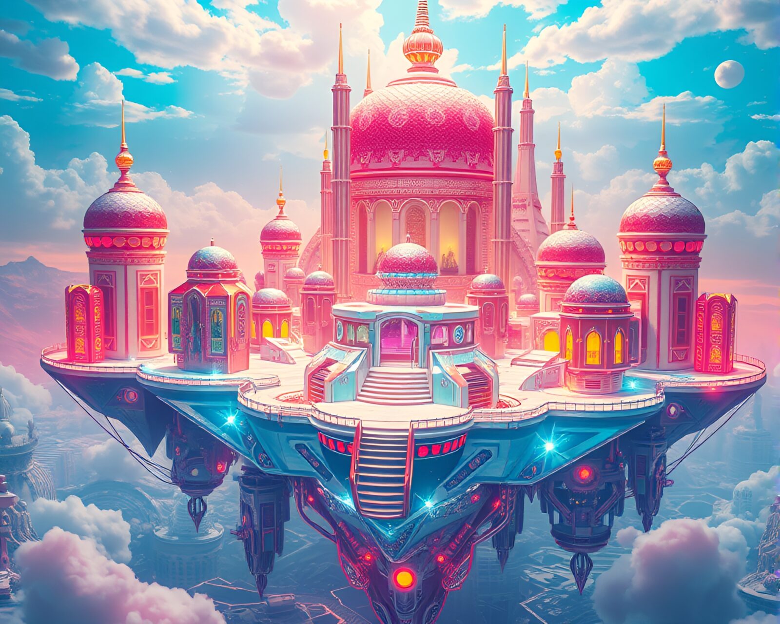 Vibrant and futuristic floating islands with intricate geometric patterns