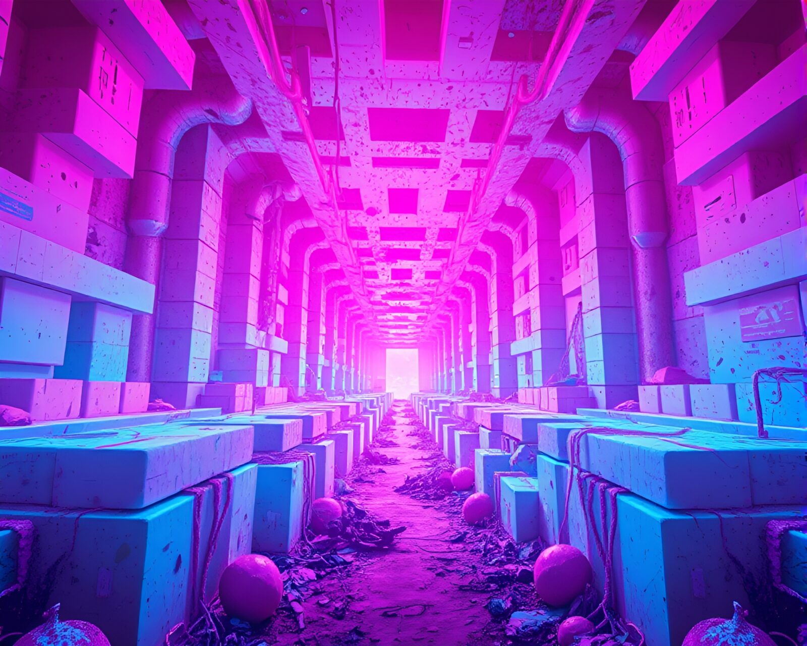 Vibrantly colorful maze amidst chaotic apocalyptic collage scene