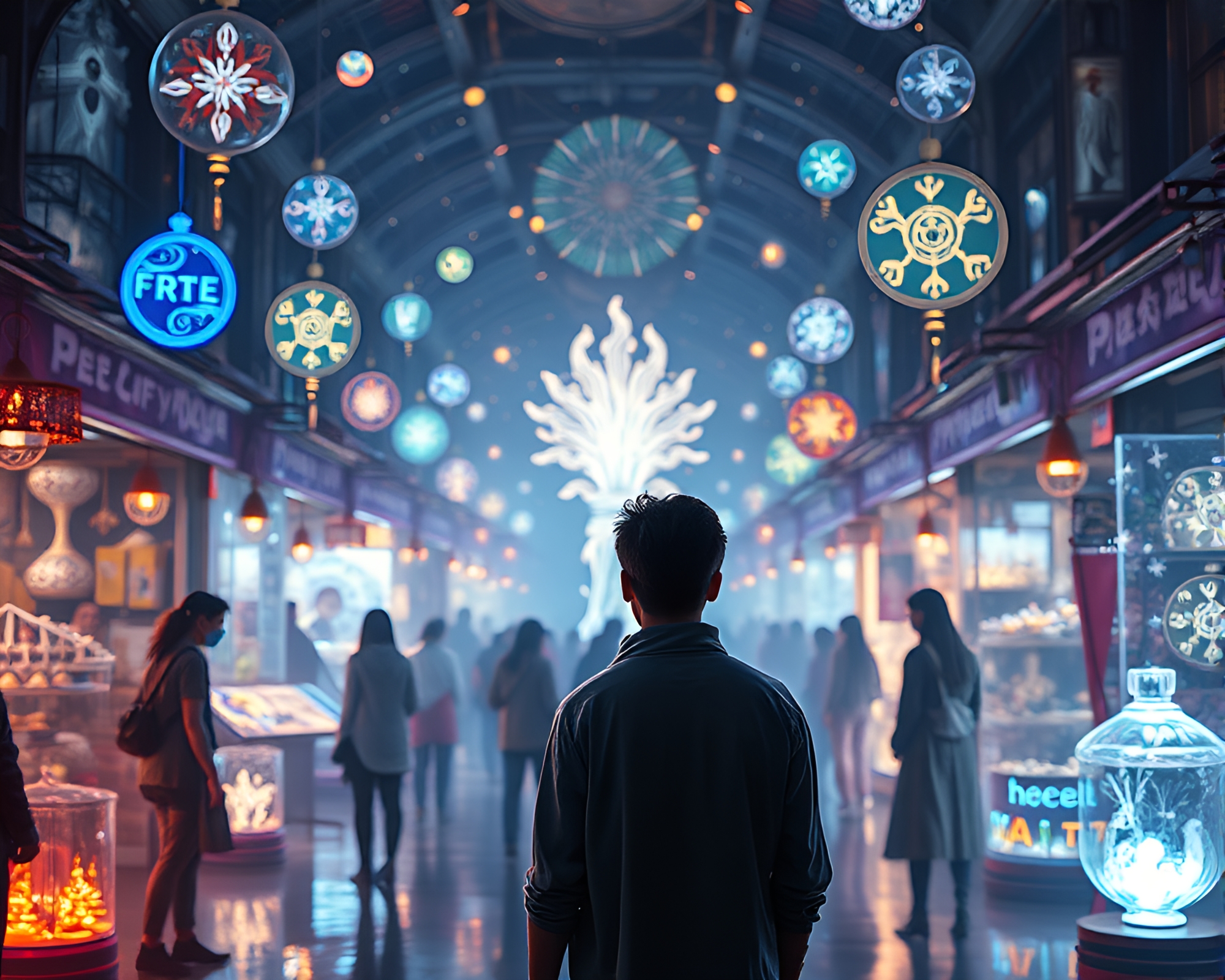 Intriguing holographic bazaar with artistic contemplation – free AI stock image
