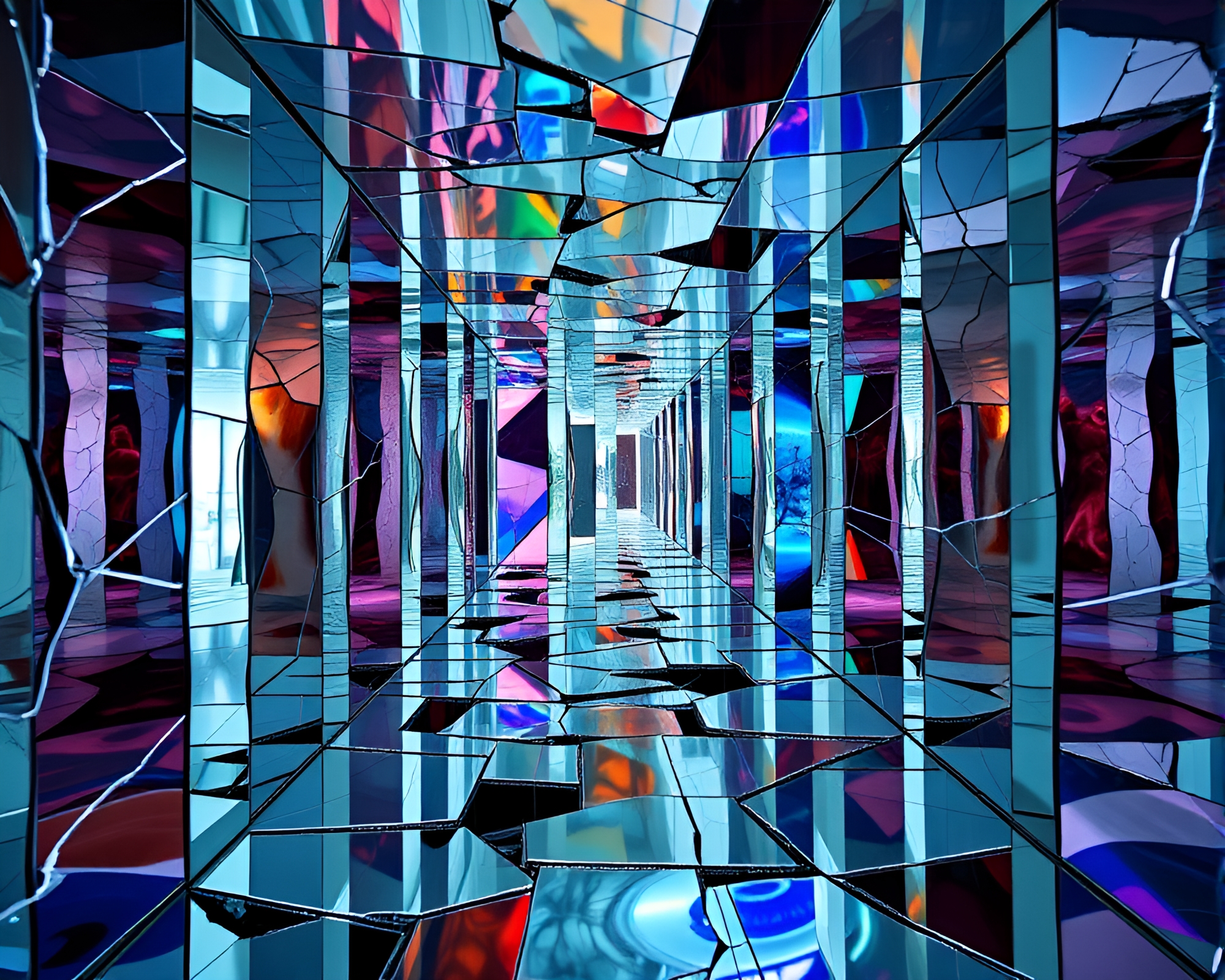Chaotic mirror labyrinth: a distorted reality – free AI stock image