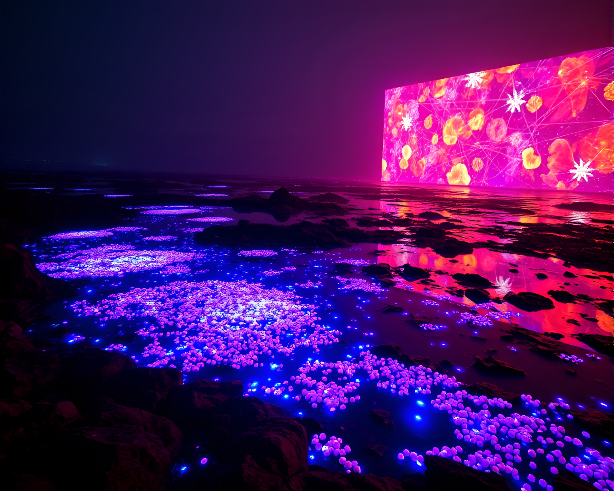 Enchanting Bioluminescent Tide Pools: A Surreal Nighttime Display – free AI stock image