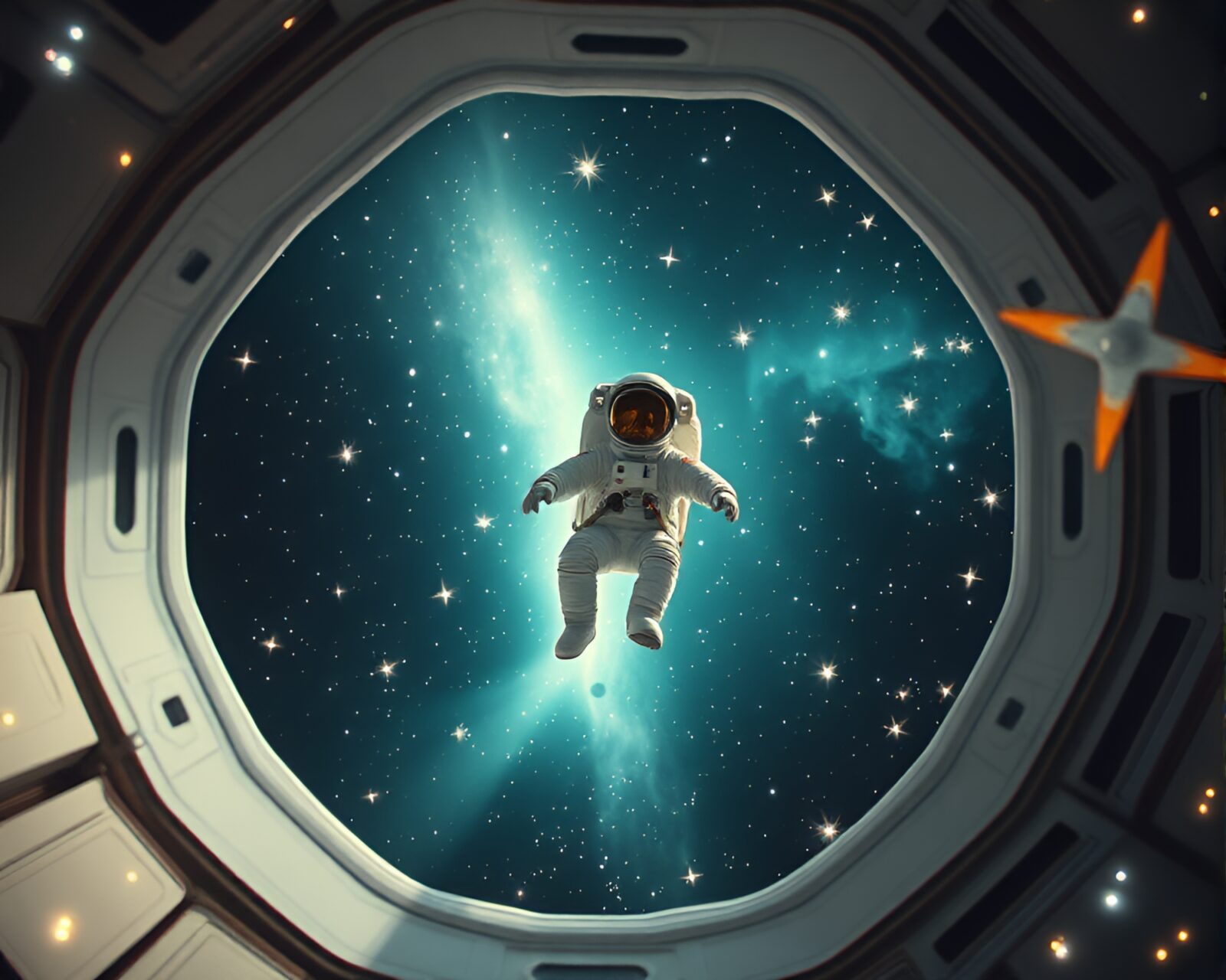 A lone astronaut floating in a zero-gravity chamber