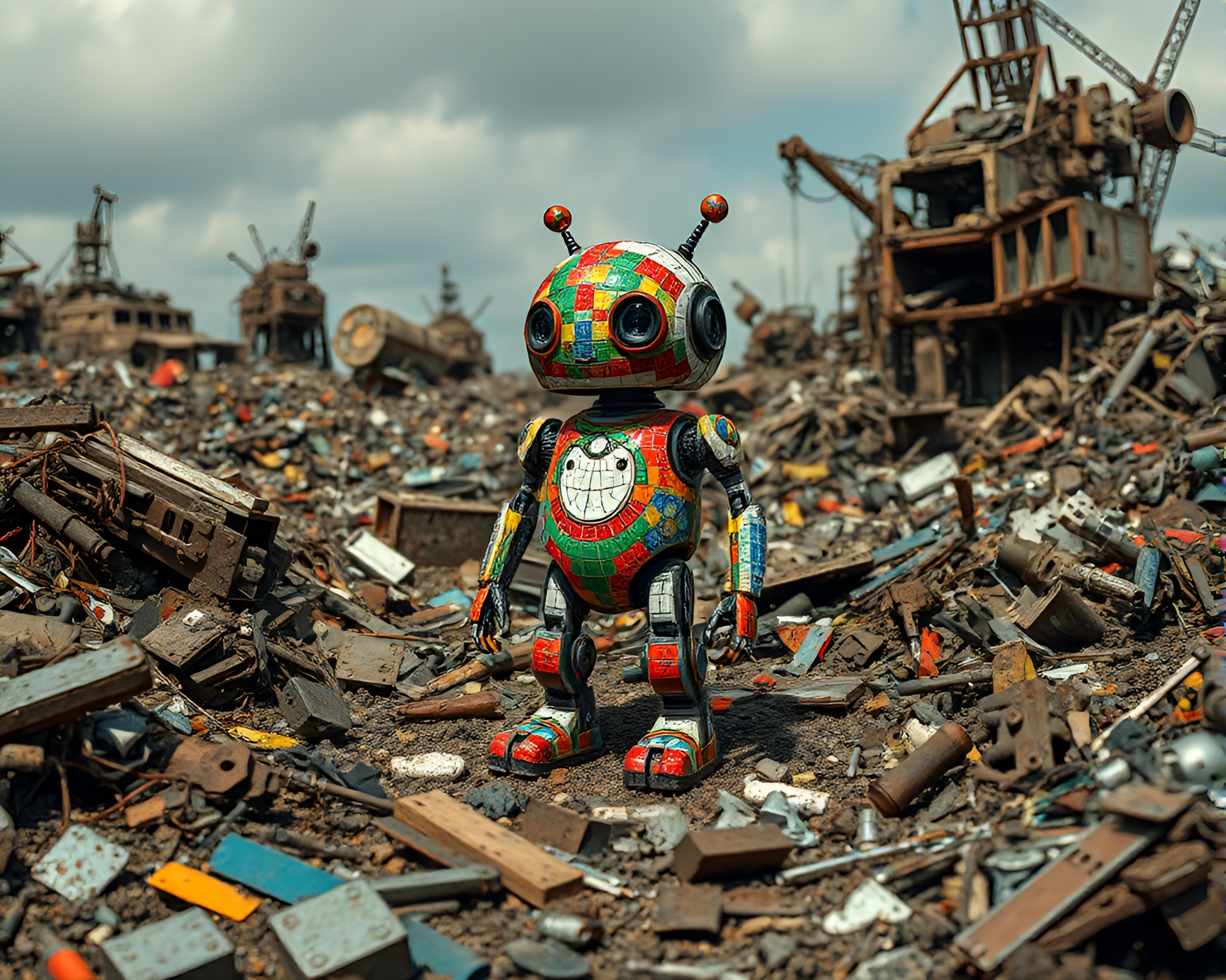 Whimsical Robotic Creature Mosaic in Ruined Junkyard – free AI stock image