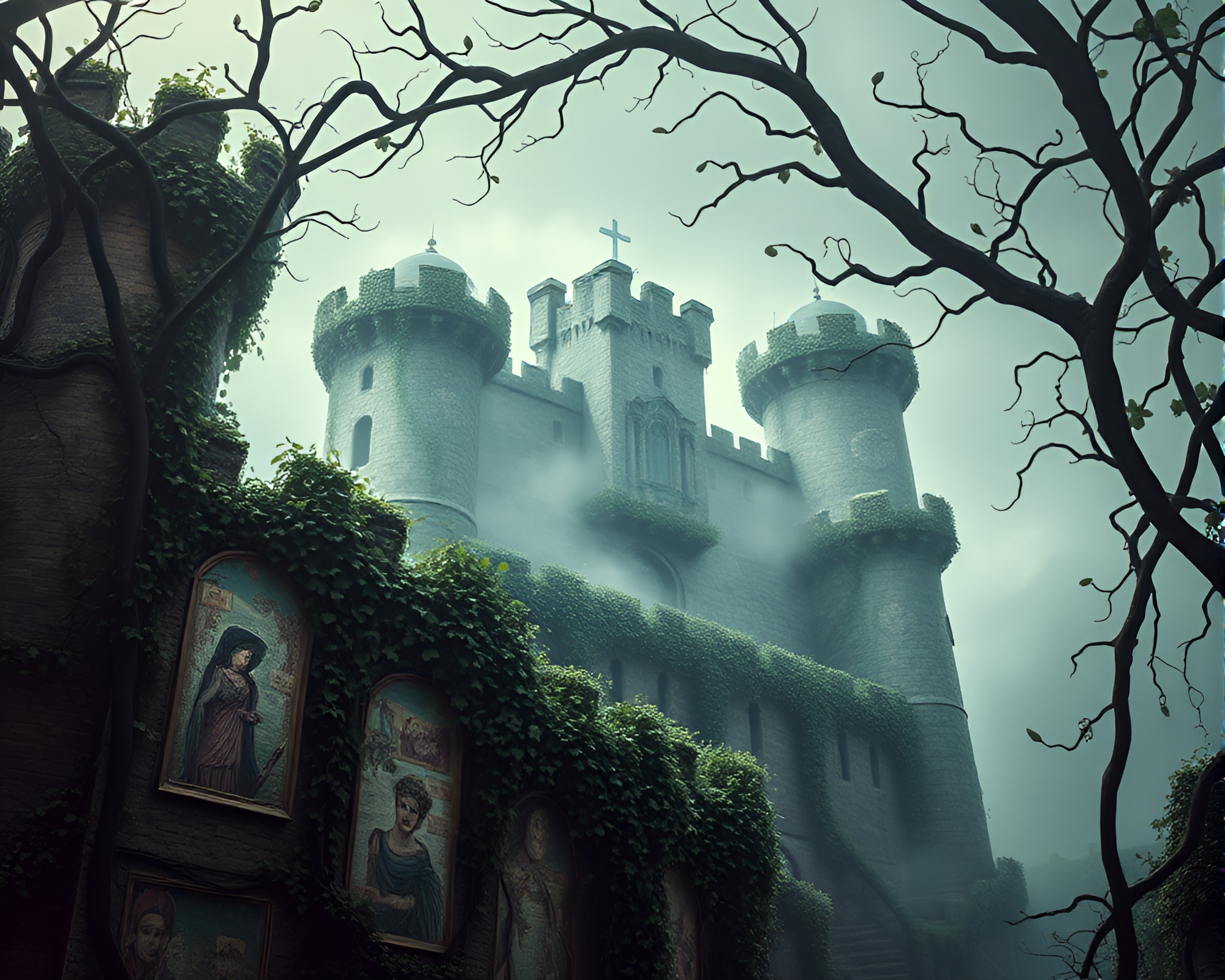 Enchanting Fortress Shrouded in Ivy Vines and Abstract Art – free AI stock image