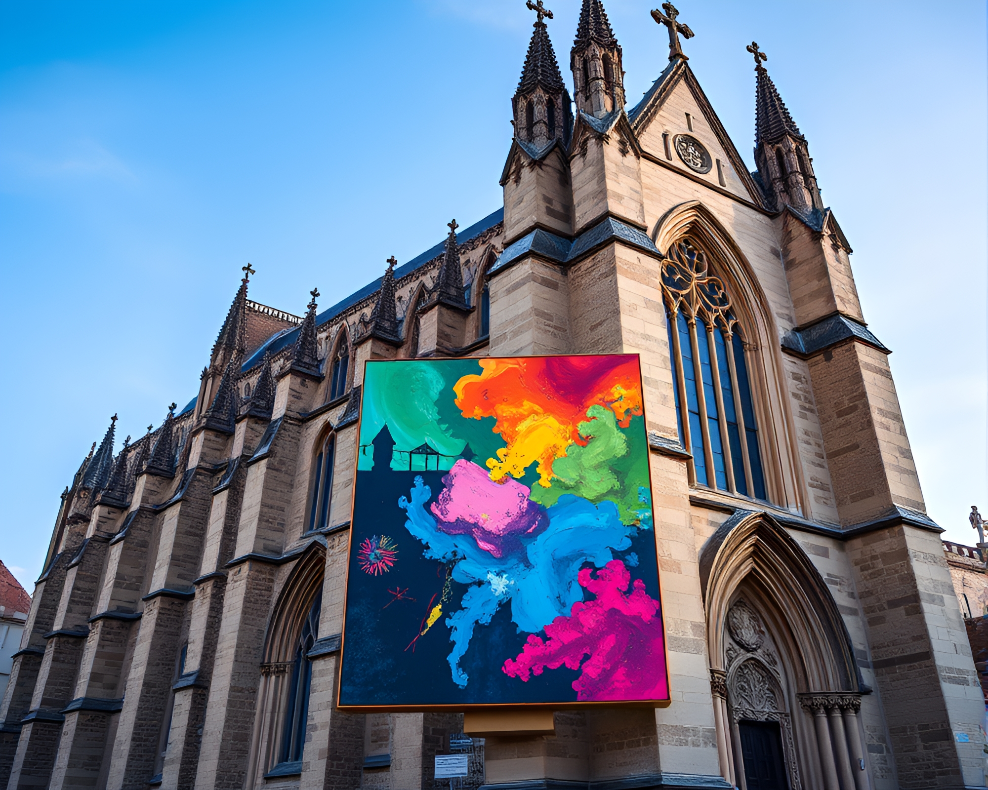 Vibrant Modern Art in Gothic Cathedral Interior – free AI stock image