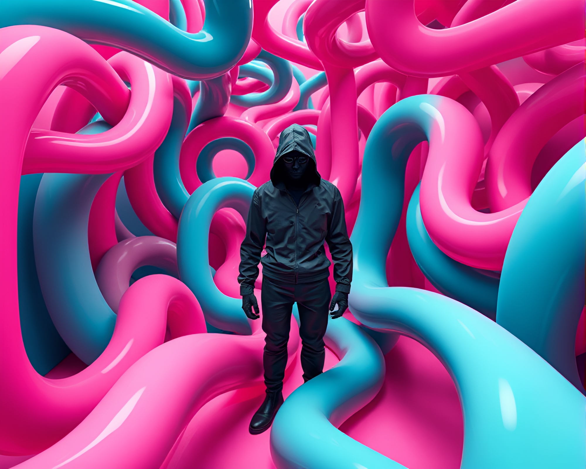 Surreal Figure in Candy-Colored Maze Installation – free AI stock image