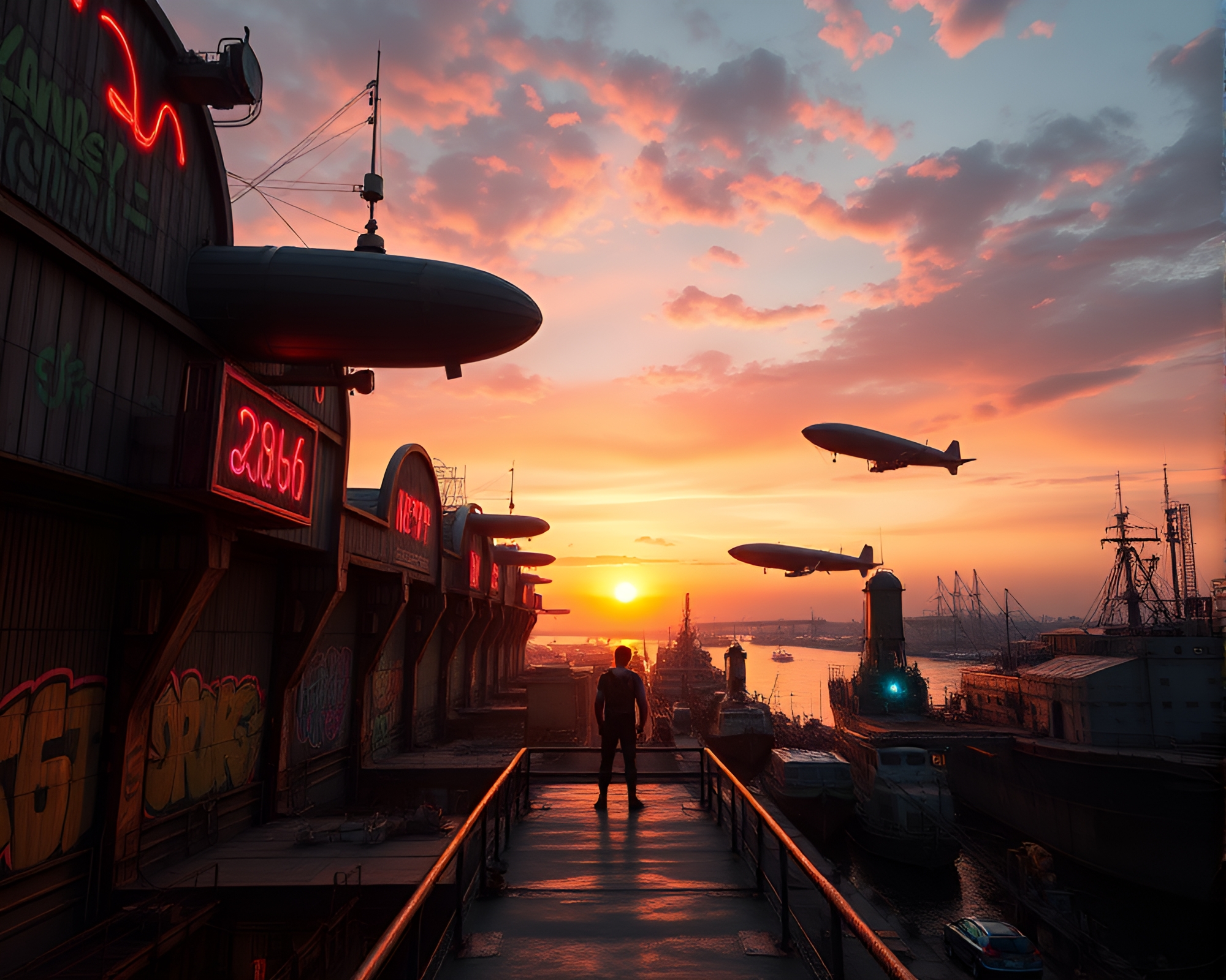 Colorful Neon Graffiti in Steampunk Airship Port – free AI stock image