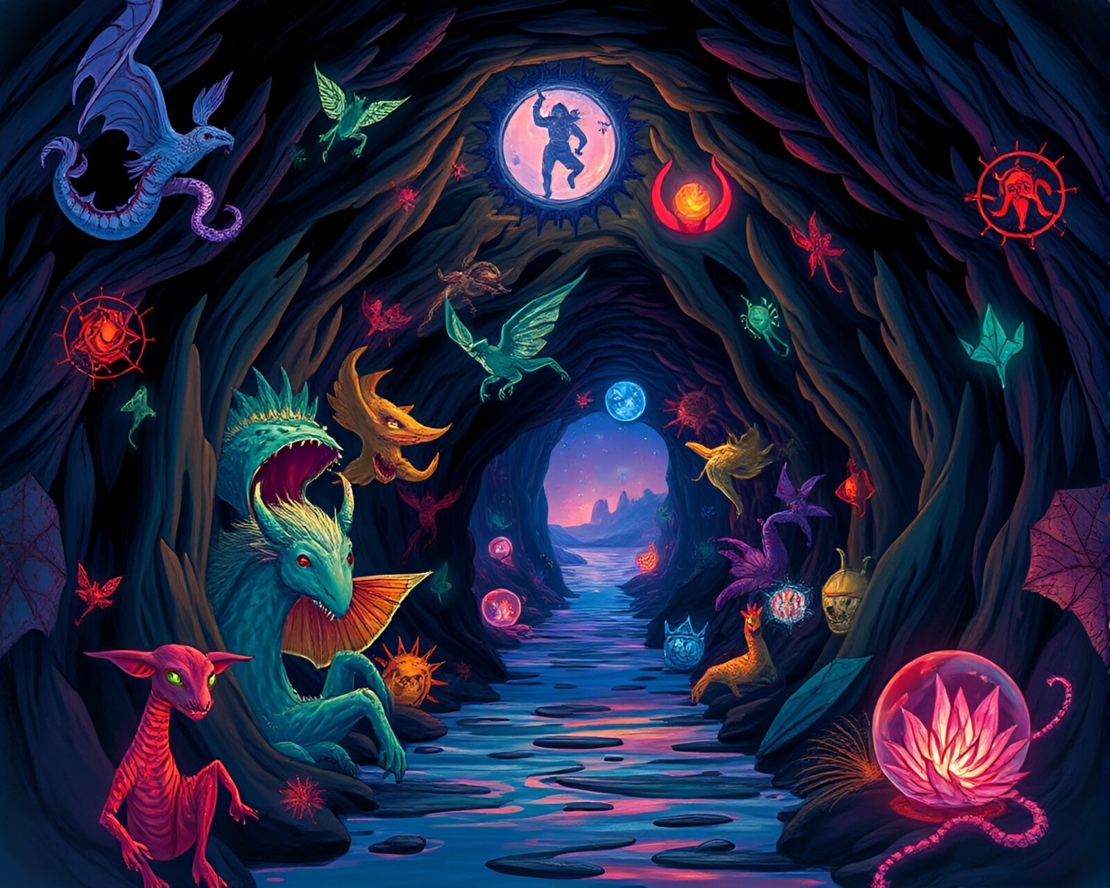 Detailed gouache illustrations in vibrant neon-lit graffiti tunnel