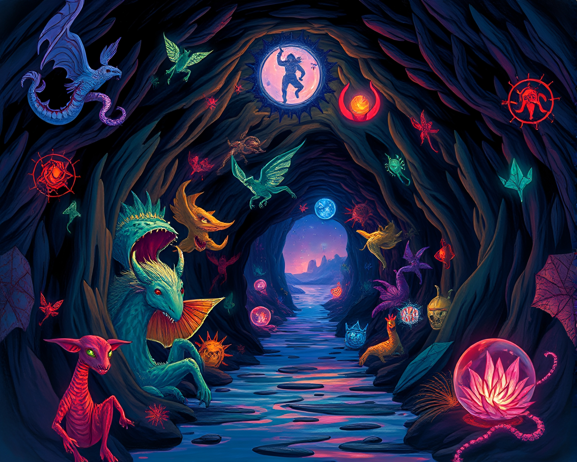 Vibrant Neon Graffiti Tunnel with Gouache Illustrations – free AI stock image