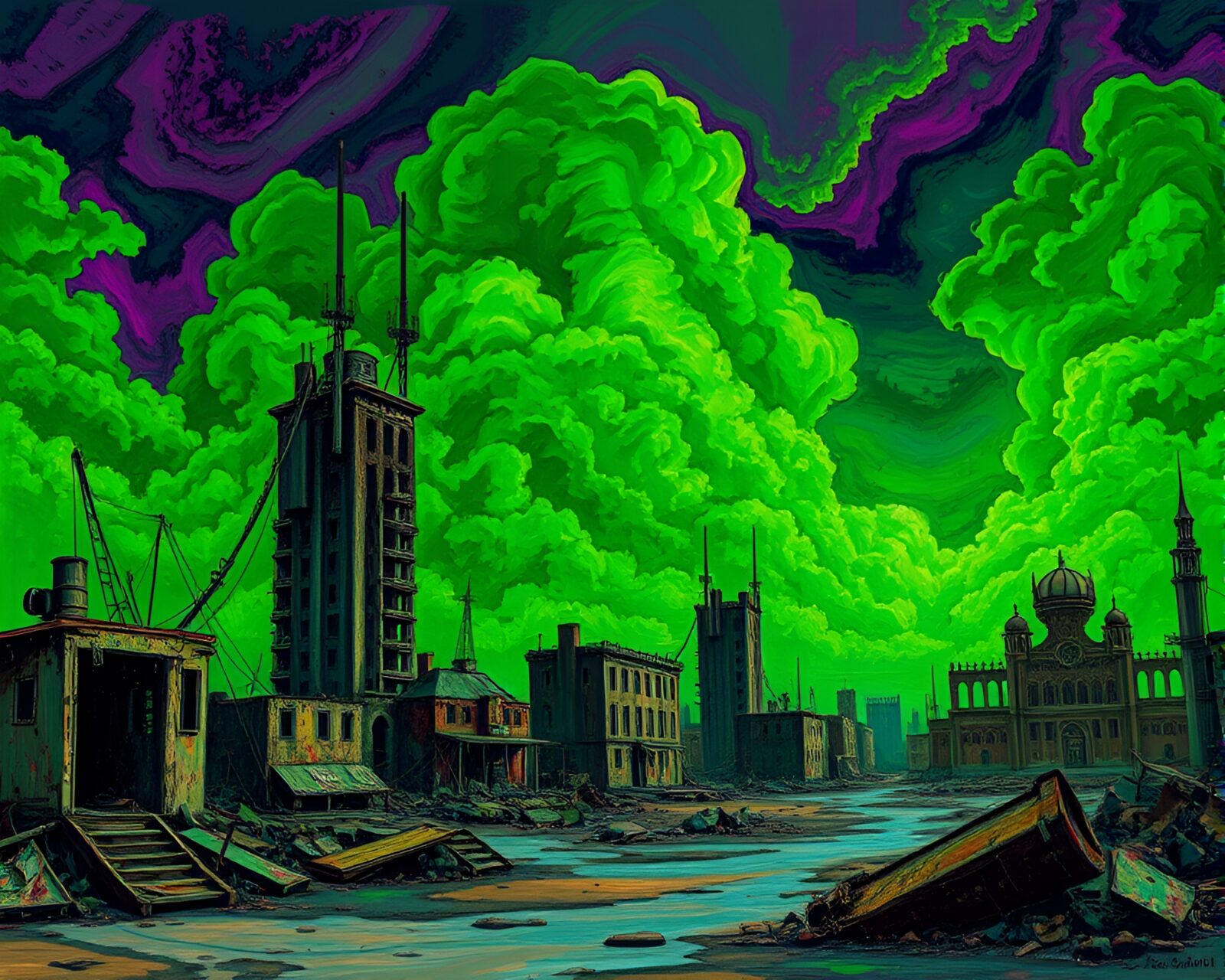 Desolate scene of decayed buildings under radioactive clouds