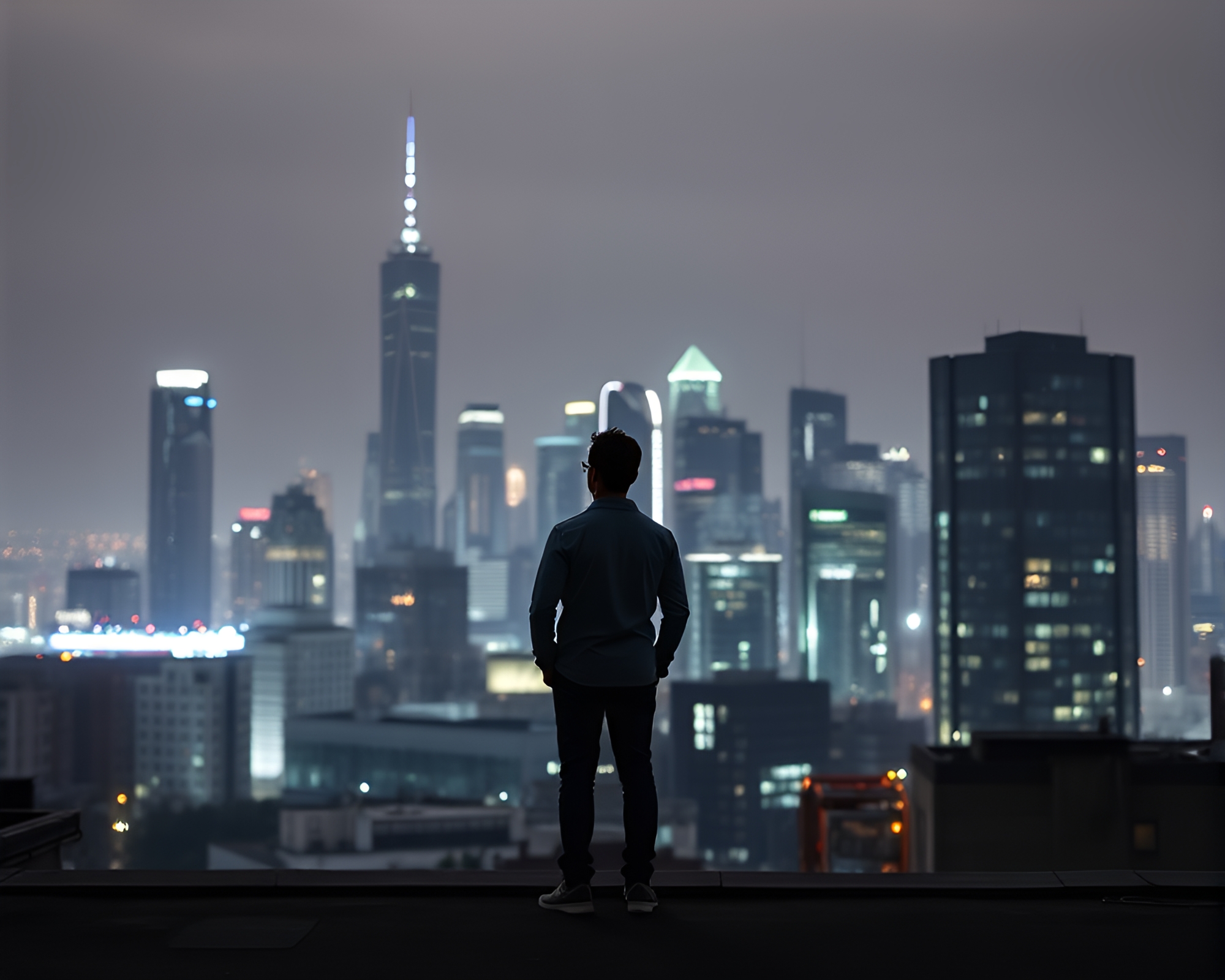 Contemplative Urban Figure Gazes at Modern Skyline – free AI stock image