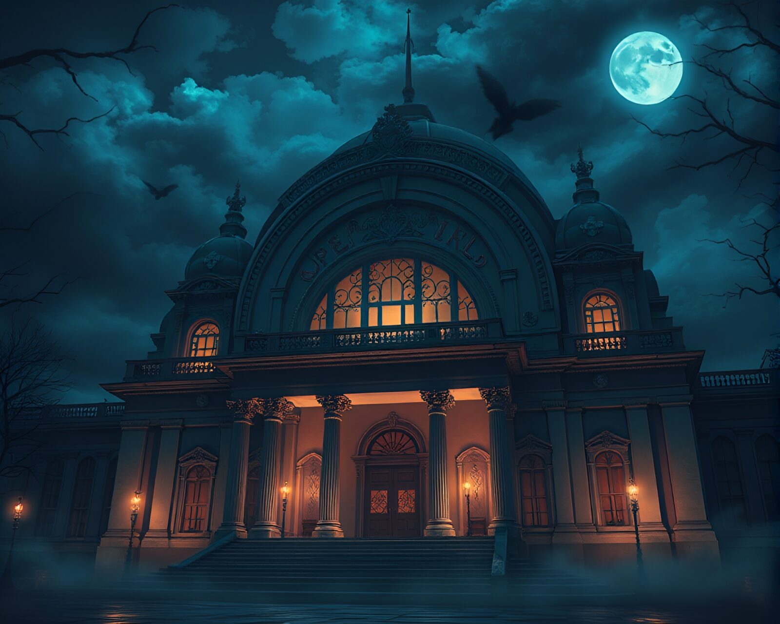 Mysterious scene with grand chandeliers casting eerie shadows
