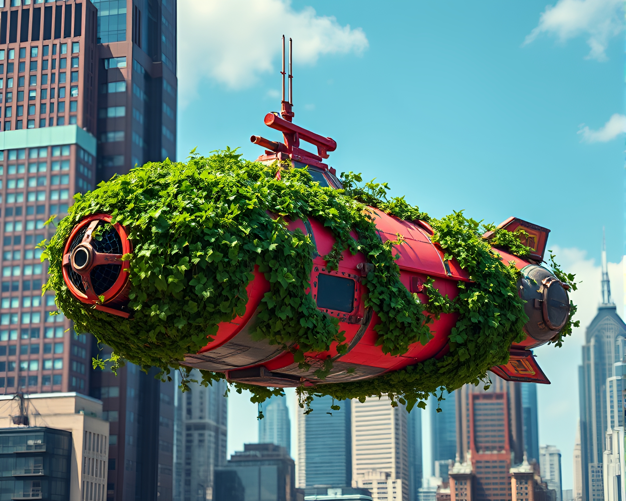 Striking Pop Art Spaceship Stands Out in Urban Landscape – free AI stock image
