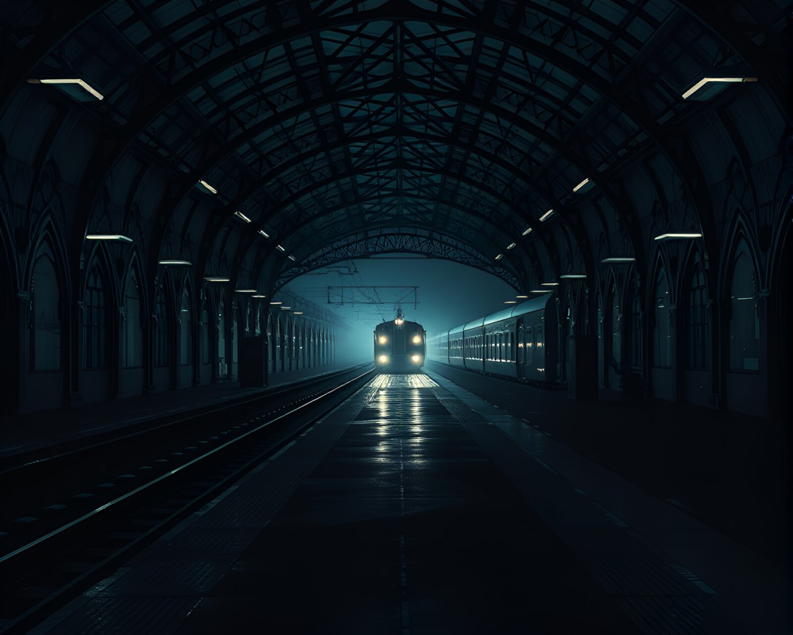 Eerie atmosphere in empty train station with geometric patterns