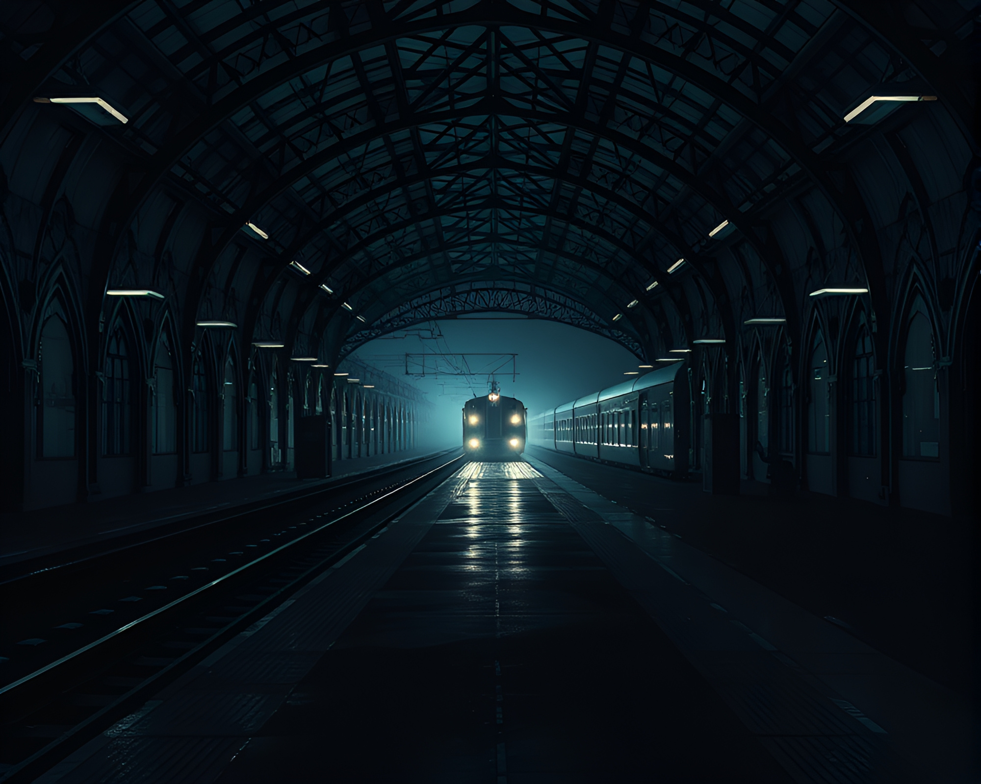 Deserted phantom train station with art deco design – free AI stock image