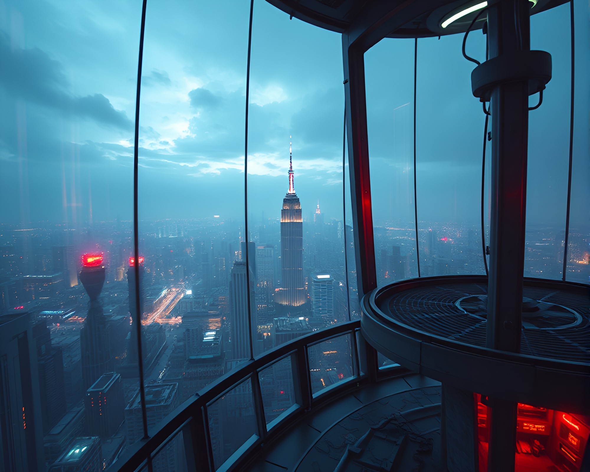Eerie Neon-Lit Dystopian Cityscape Through Observatory Walls – free AI stock image