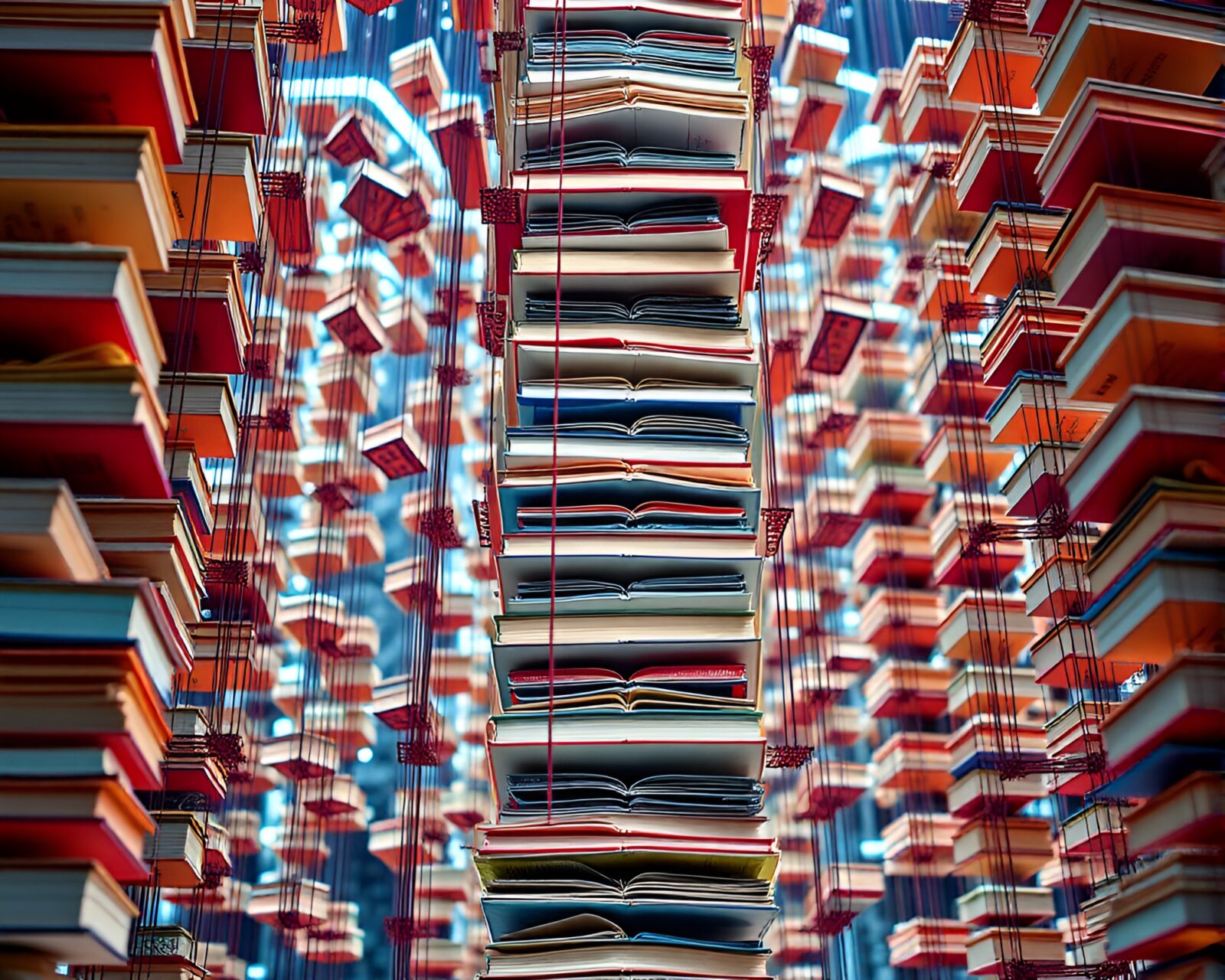 Vibrant and surreal book tower seemingly floating mid-air