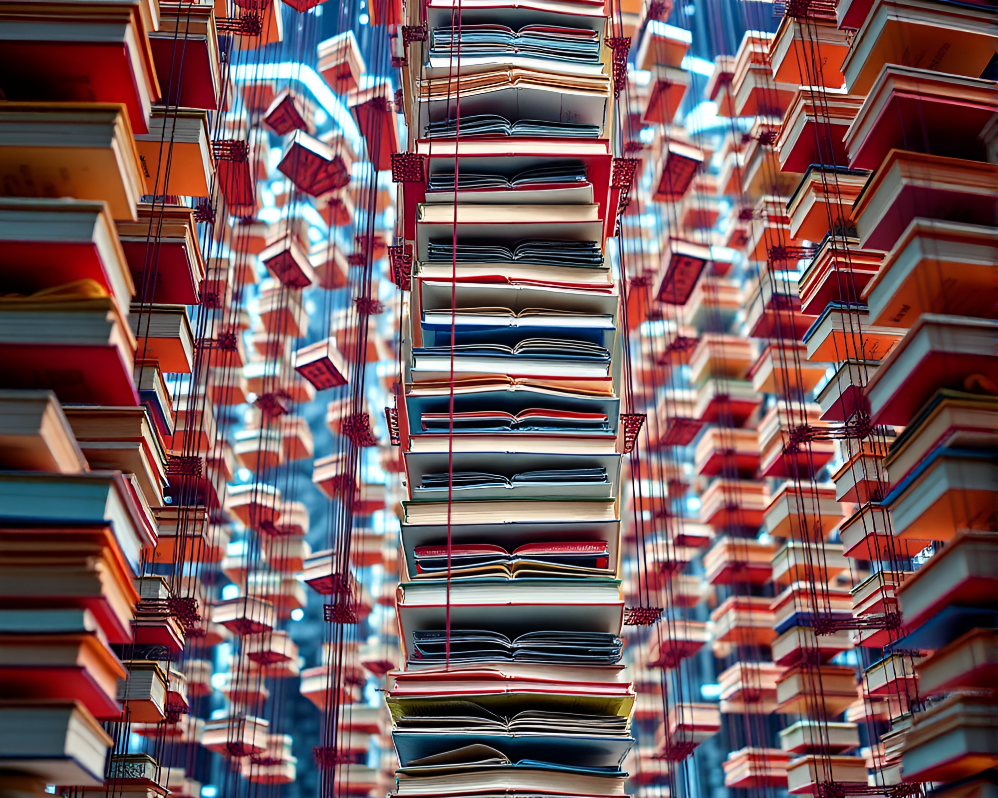 Suspended Books Kinetic Sculpture Defying Gravity – free AI stock image