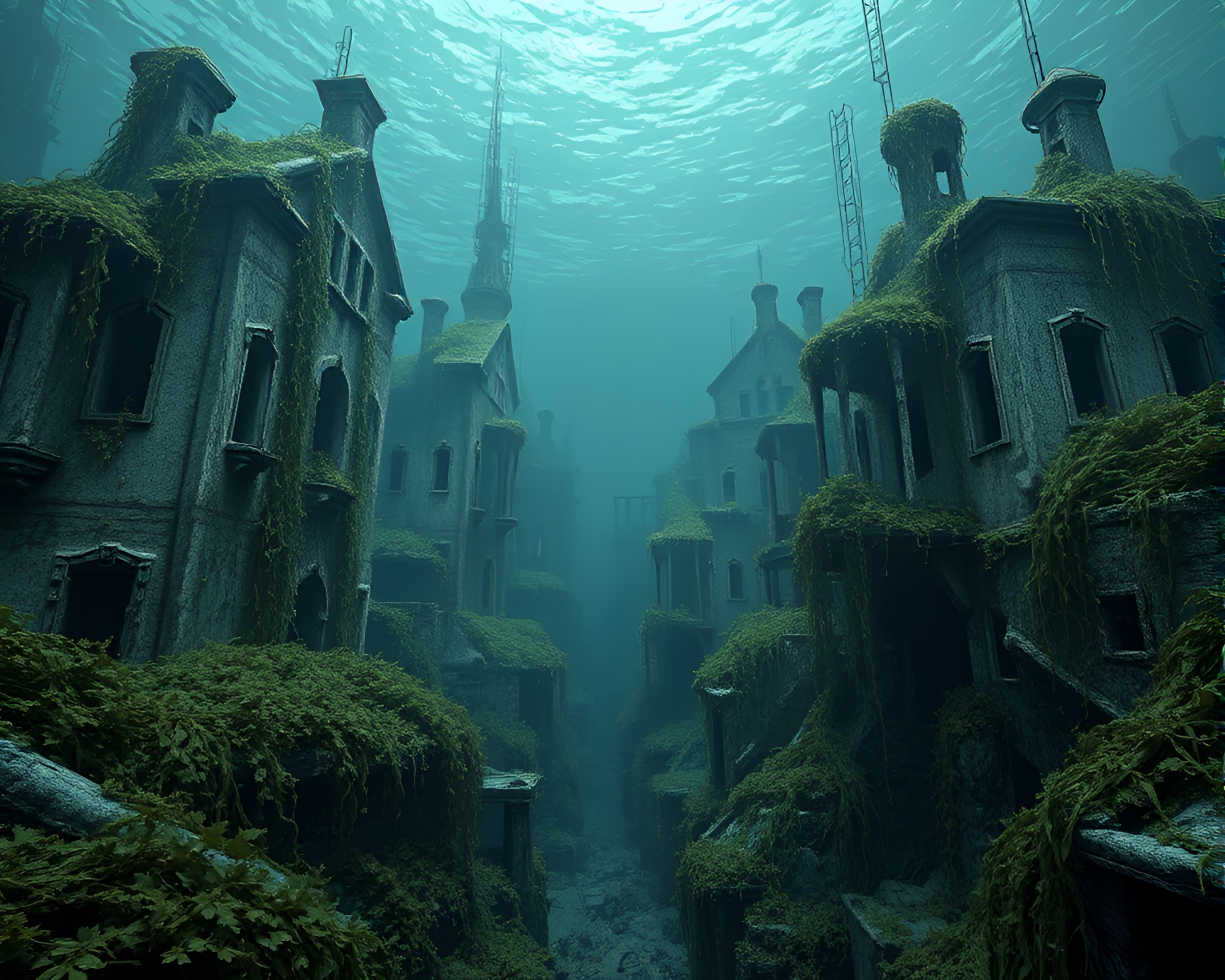 Eerie Sunken Cityscape With Crumbling Buildings – free AI stock image