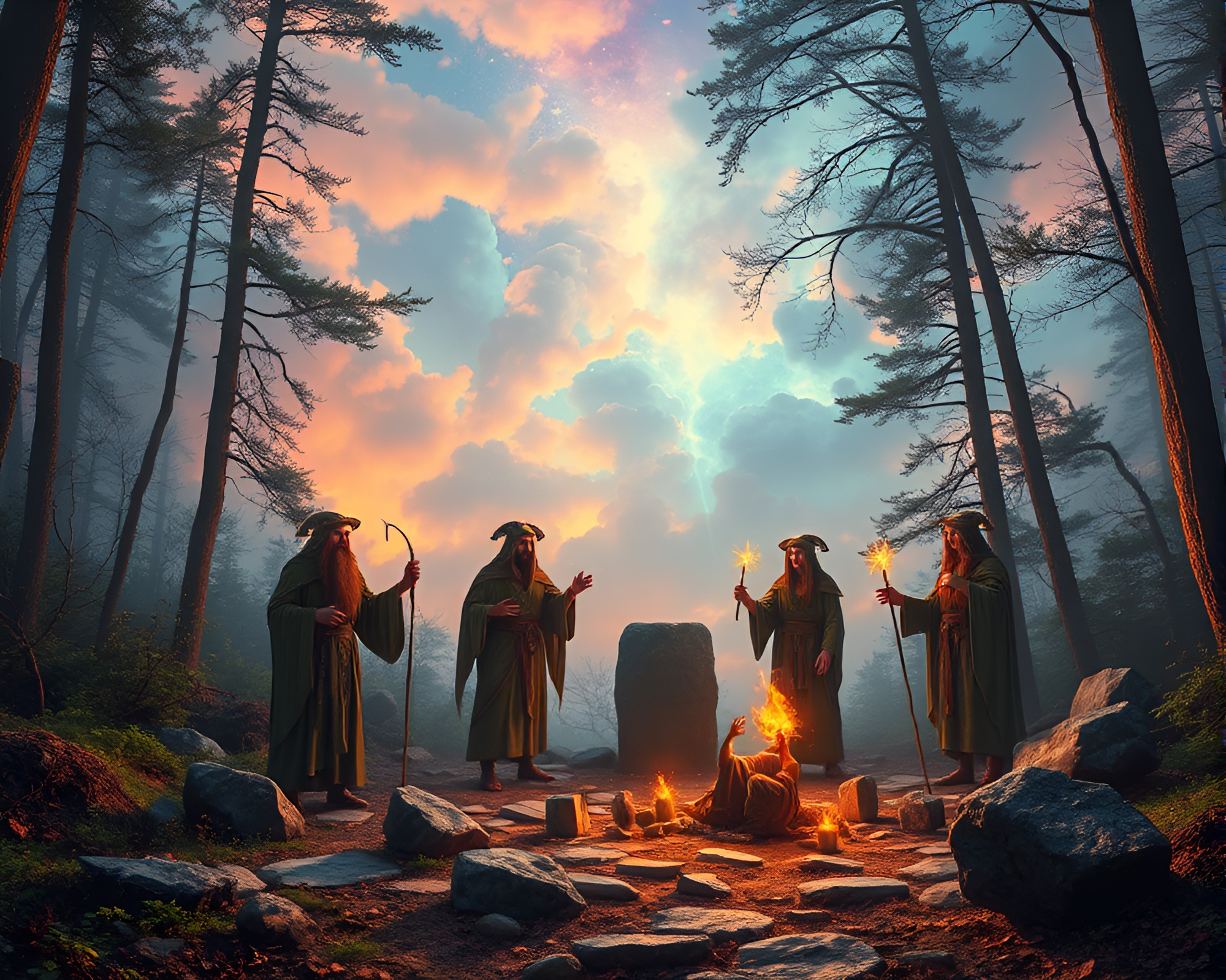 Enchanting Druid Ritual in Ancient Forest Clearing – free AI stock image