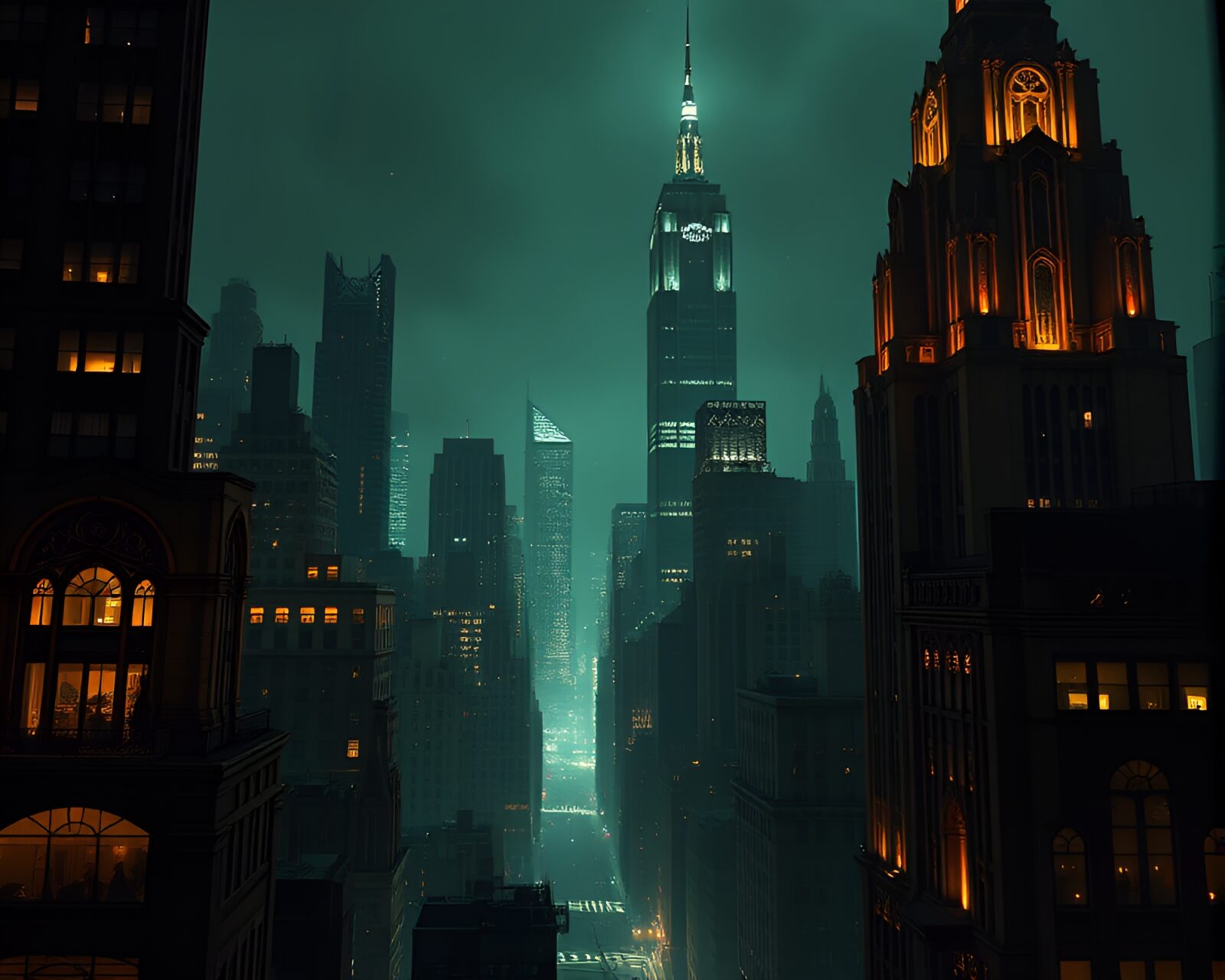 Majestic cityscape with intricate architecture reflecting in water
