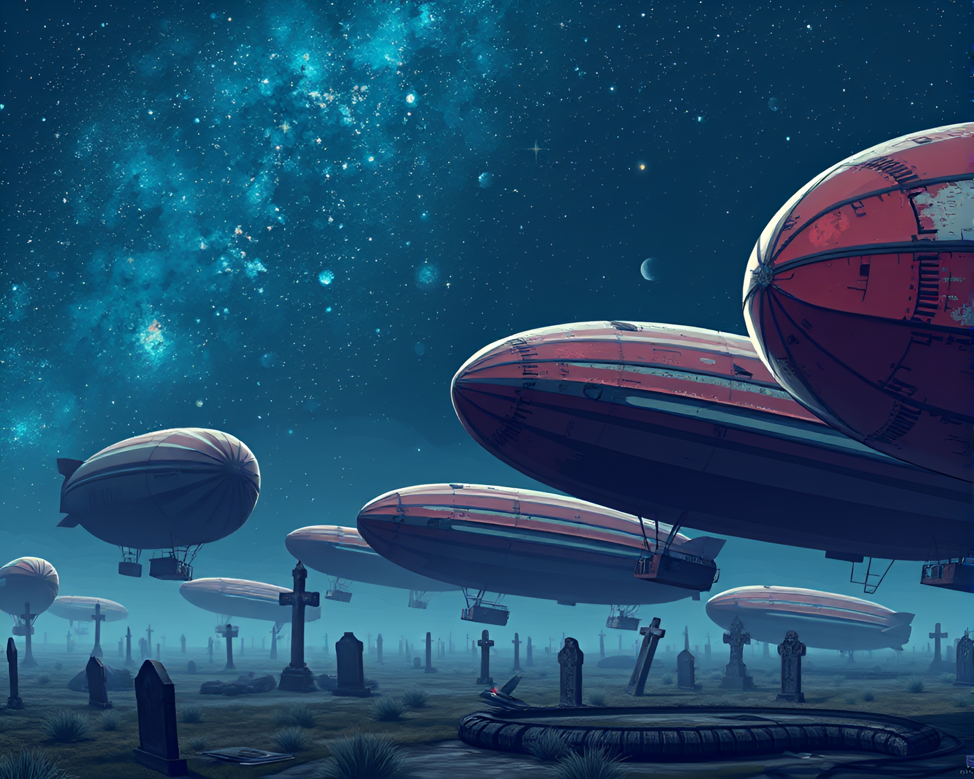 Pixelated Graveyard of Abandoned Zeppelins Under Night Sky – free AI stock image