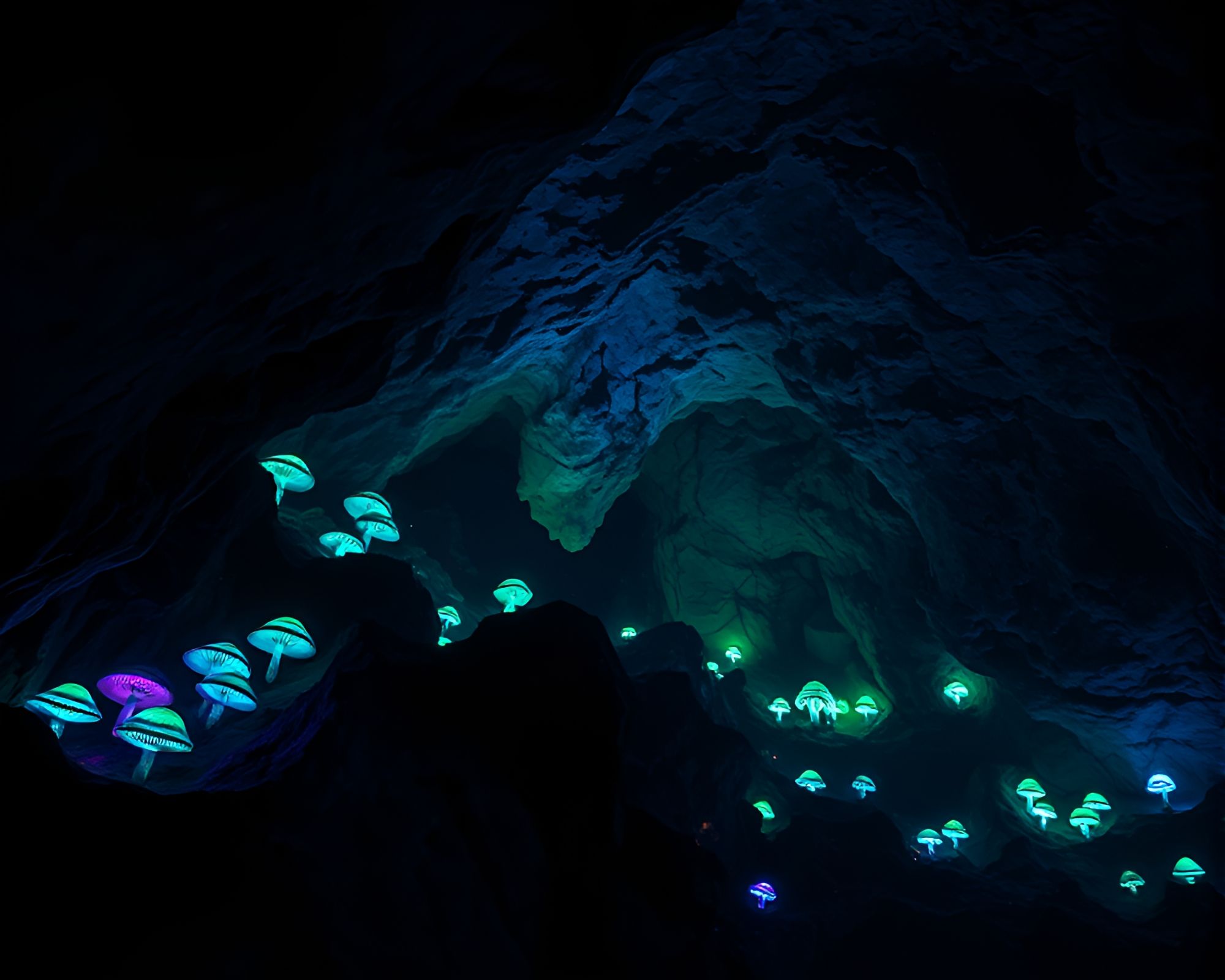 Enchanting Bioluminescent Fungus Cavern Captures Mystical Beauty – free AI stock image