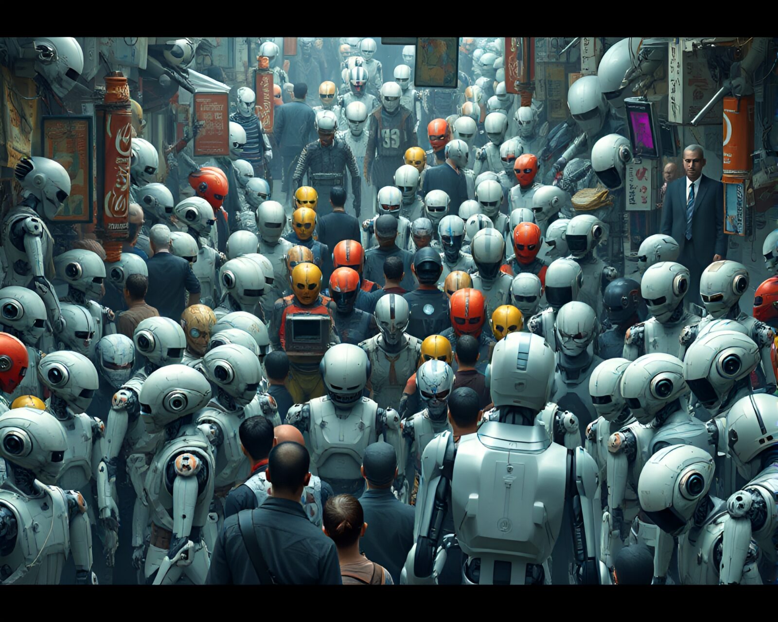 Chaotic scene in bustling android market filled with diverse cybernetic beings