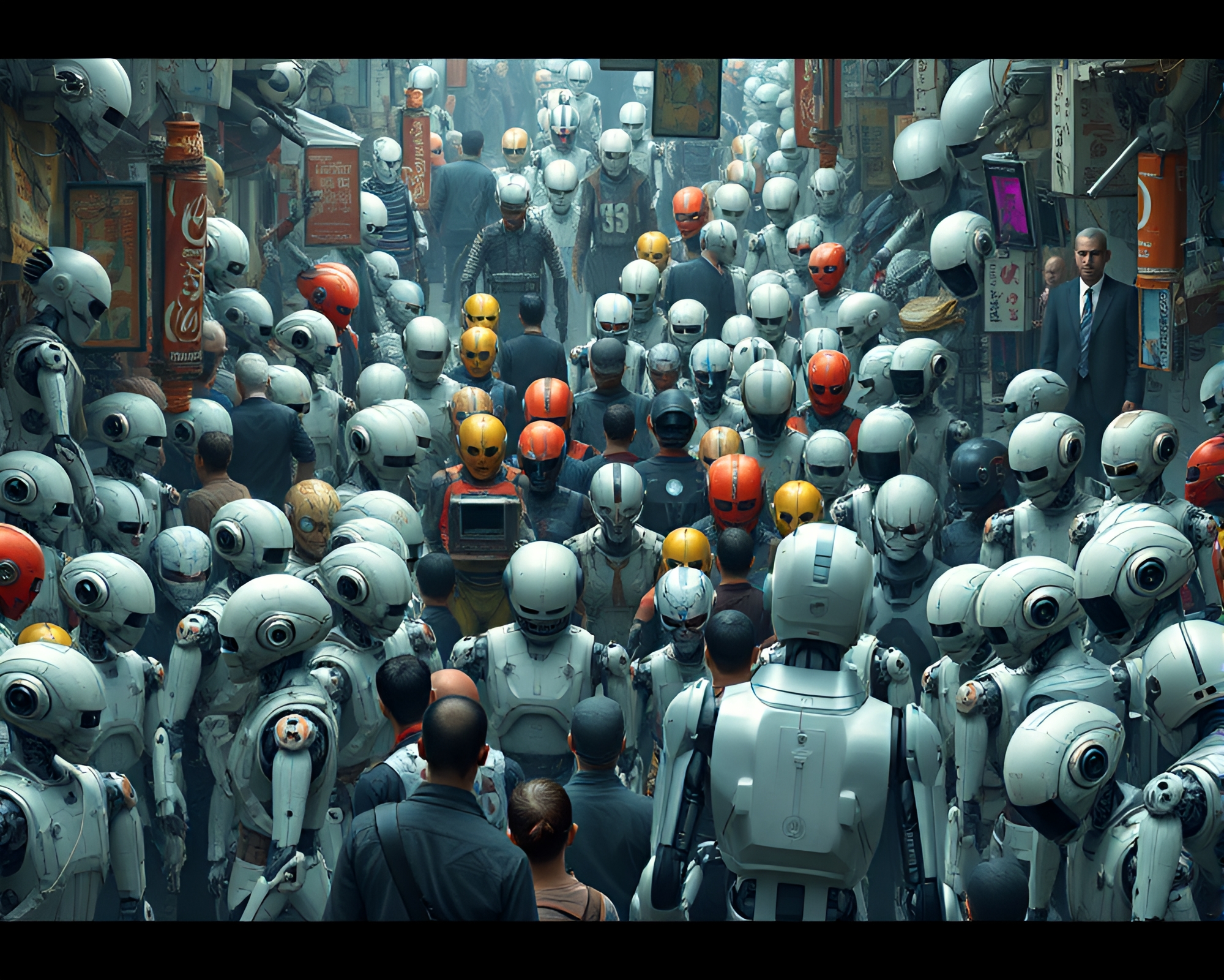 Futuristic Android Market with Diverse Cybernetic Creations – free AI stock image