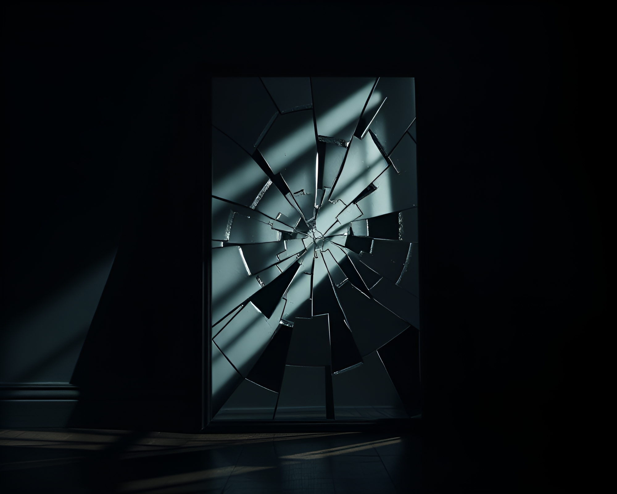 Fragmented Mirror Casts Surreal Shadows in Dark Room – free AI stock image