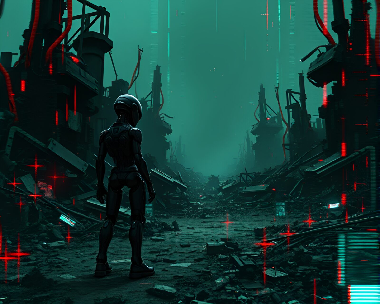 Lonely android surrounded by glitch art in metal wreckage