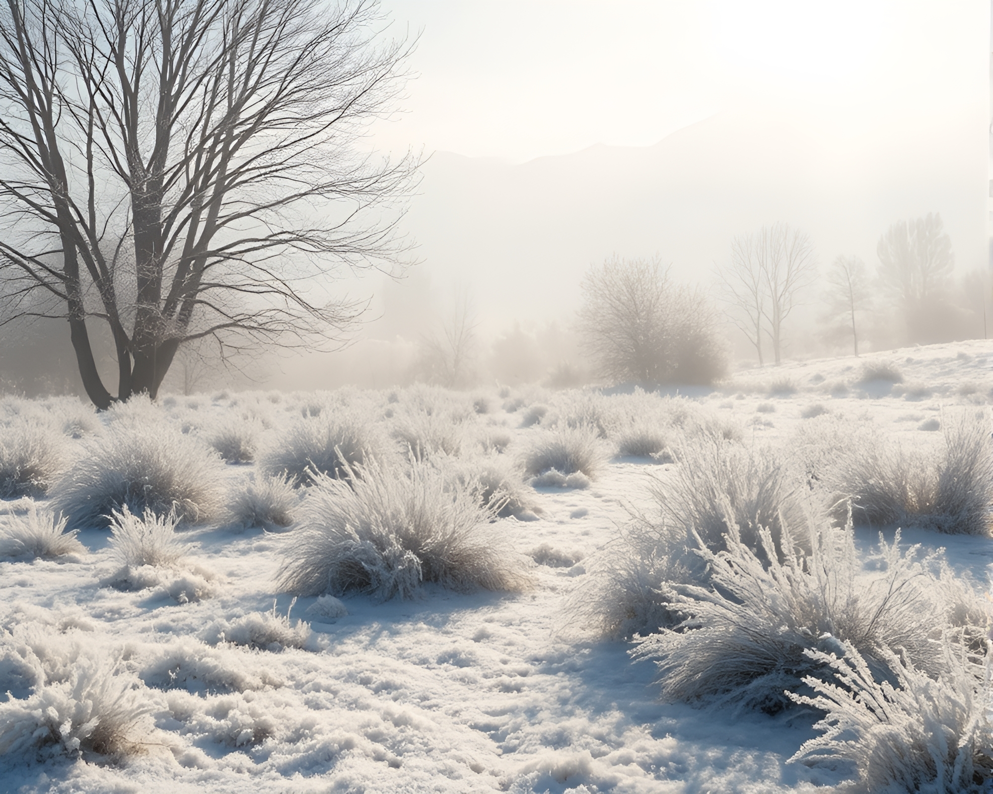 Glistening Frost-Covered Landscape under Golden Sunlight – free AI stock image