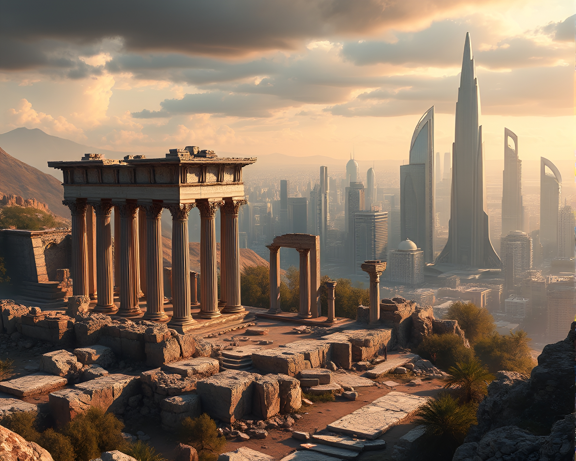 Surreal Panoramic View of Ancient Ruins and Futuristic City – free AI stock image
