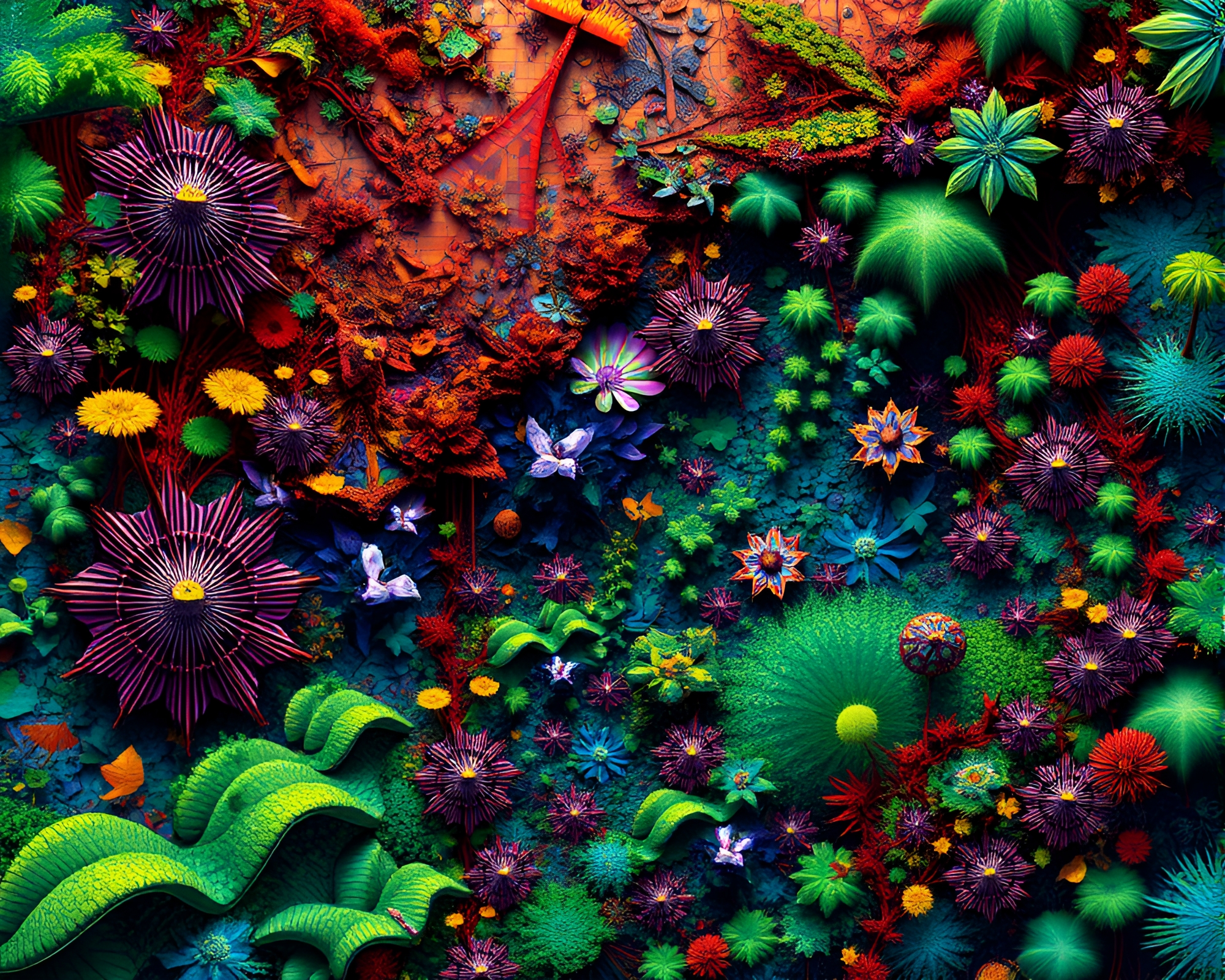 Vibrant Jungle Fractal Landscape Collage: Mesmerizing Nature Artwork – free AI stock image