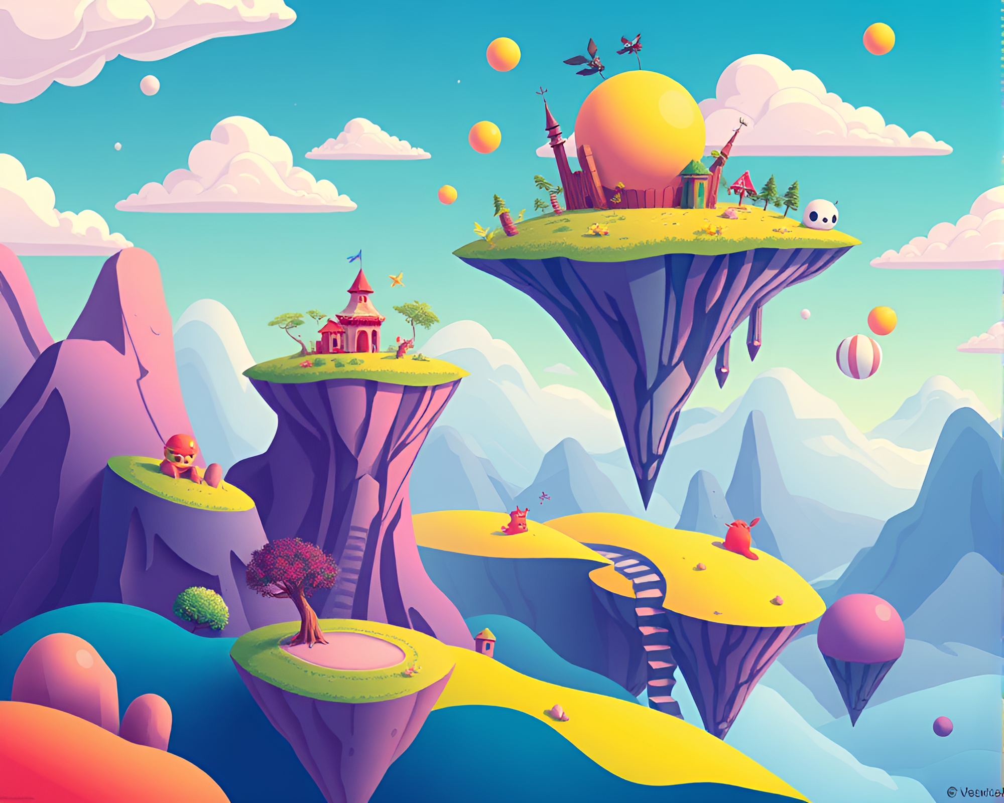Surreal Landscape Mirage: Vibrant Whimsical Vector Illustration – free AI stock image