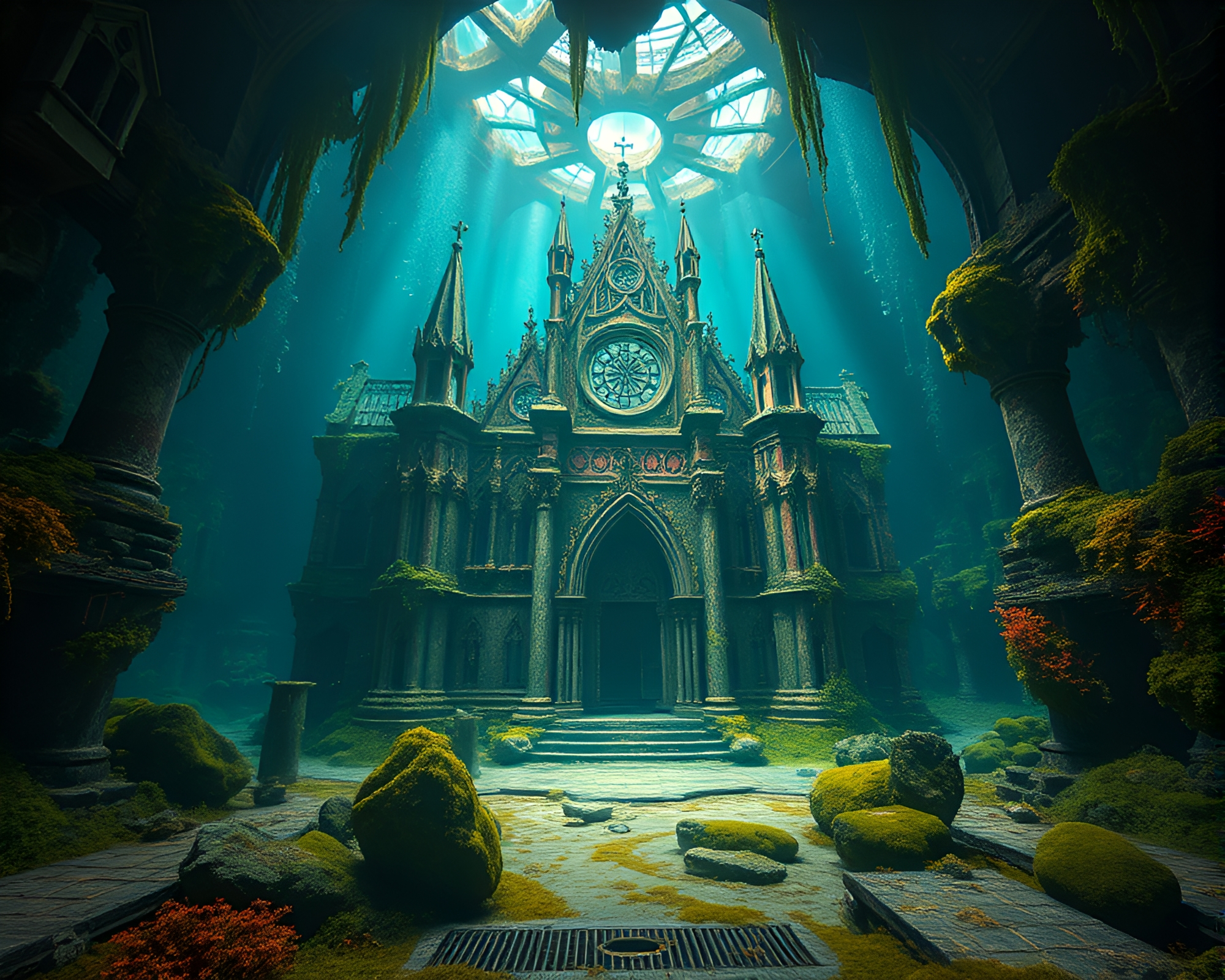 Ethereal Underwater Cathedral with Ancient Ruins – free AI stock image