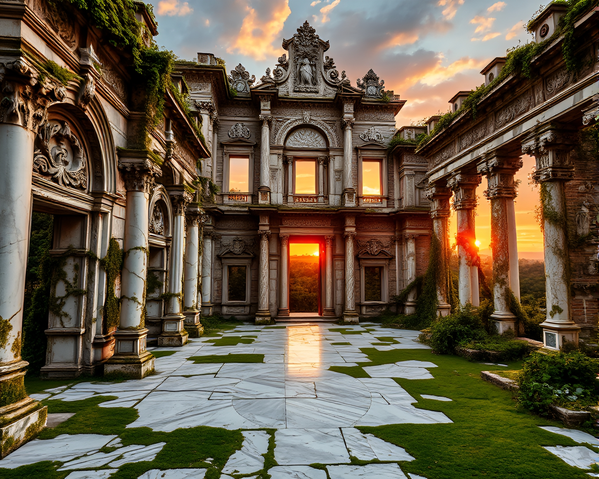 Elegant Marble Ruins bathed in Evening Glow – free AI stock image