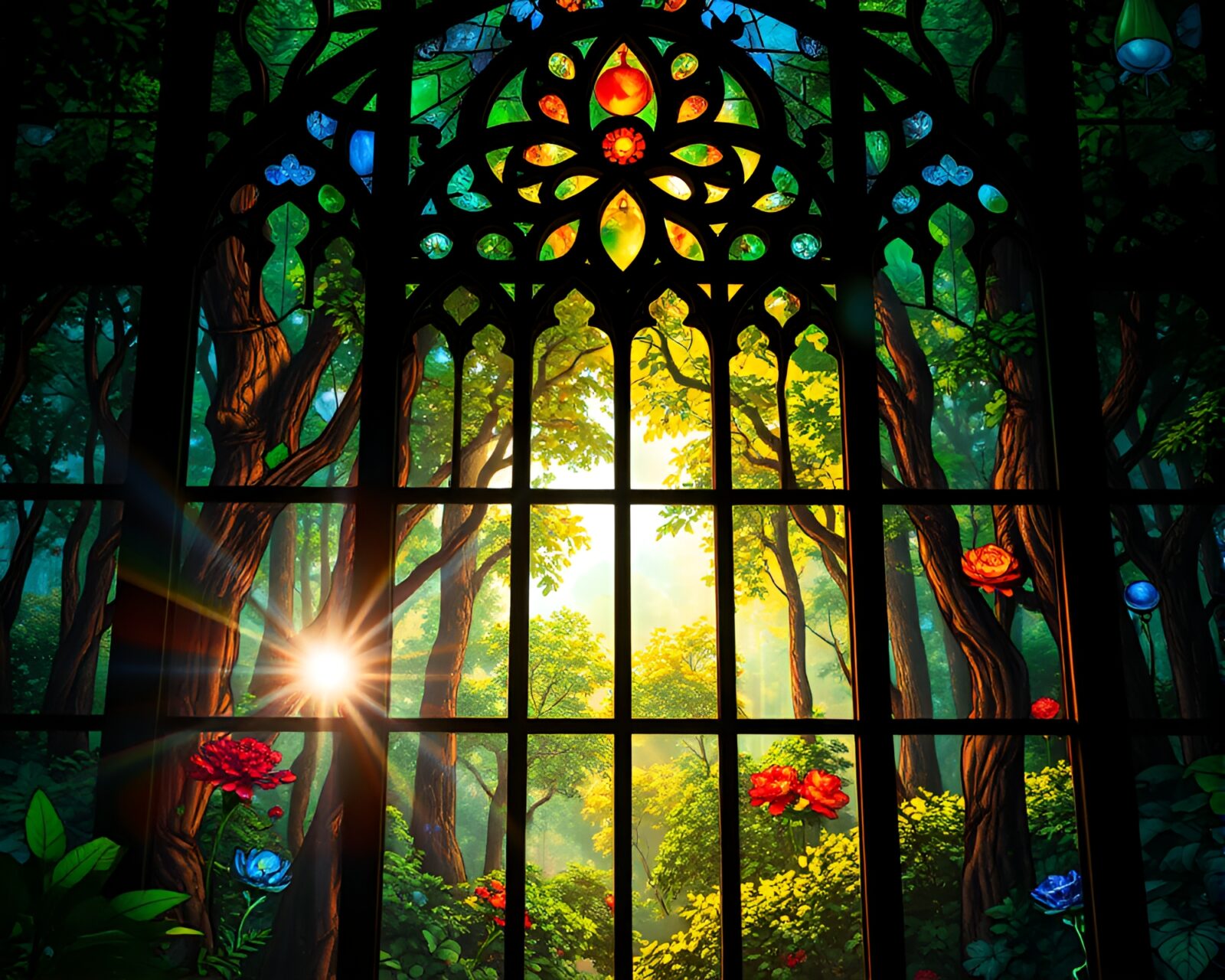Vibrant stained glass window showing lush forest and quantum webs