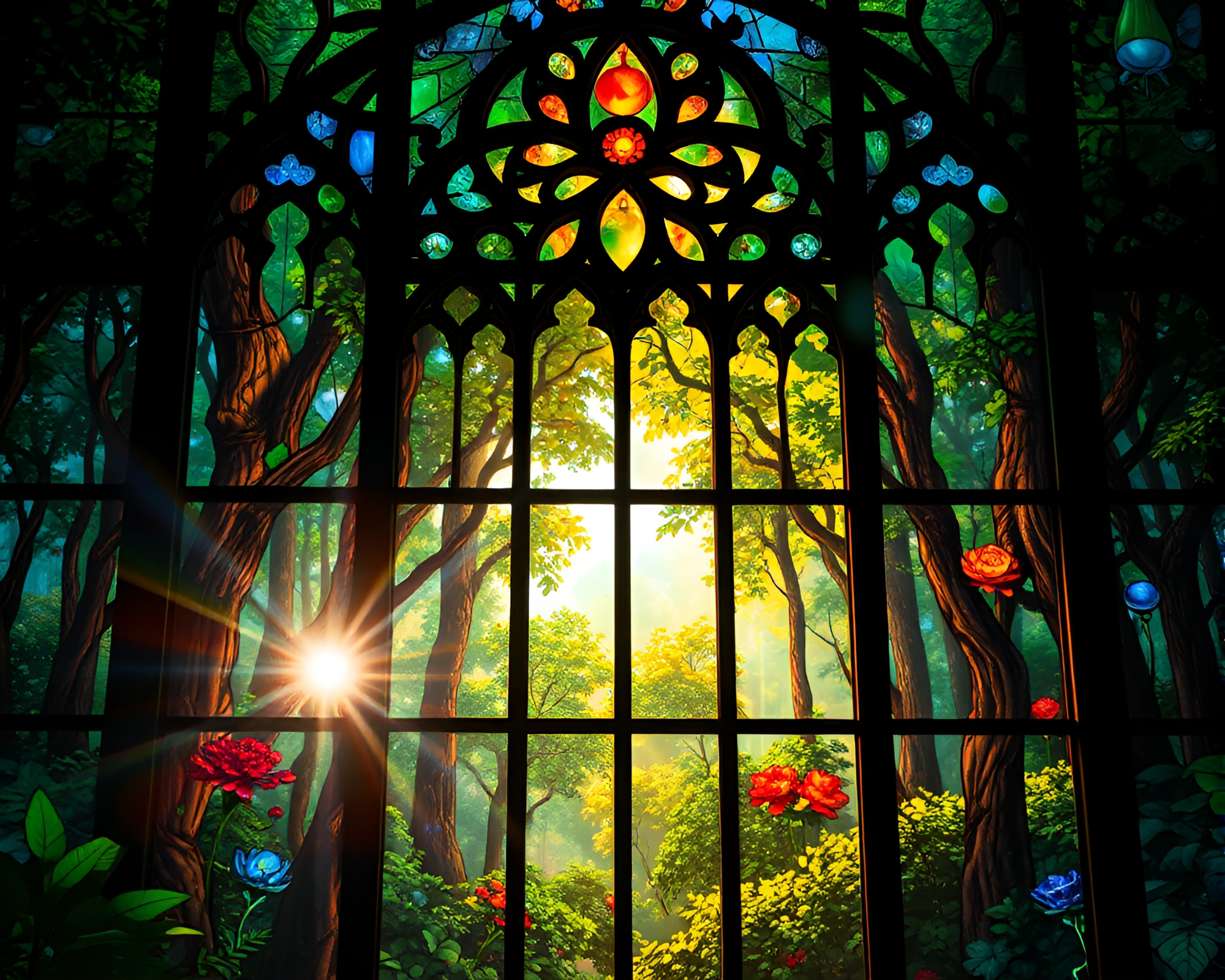 Interconnected Forest: Stained Glass Quantum Web Design – free AI stock image