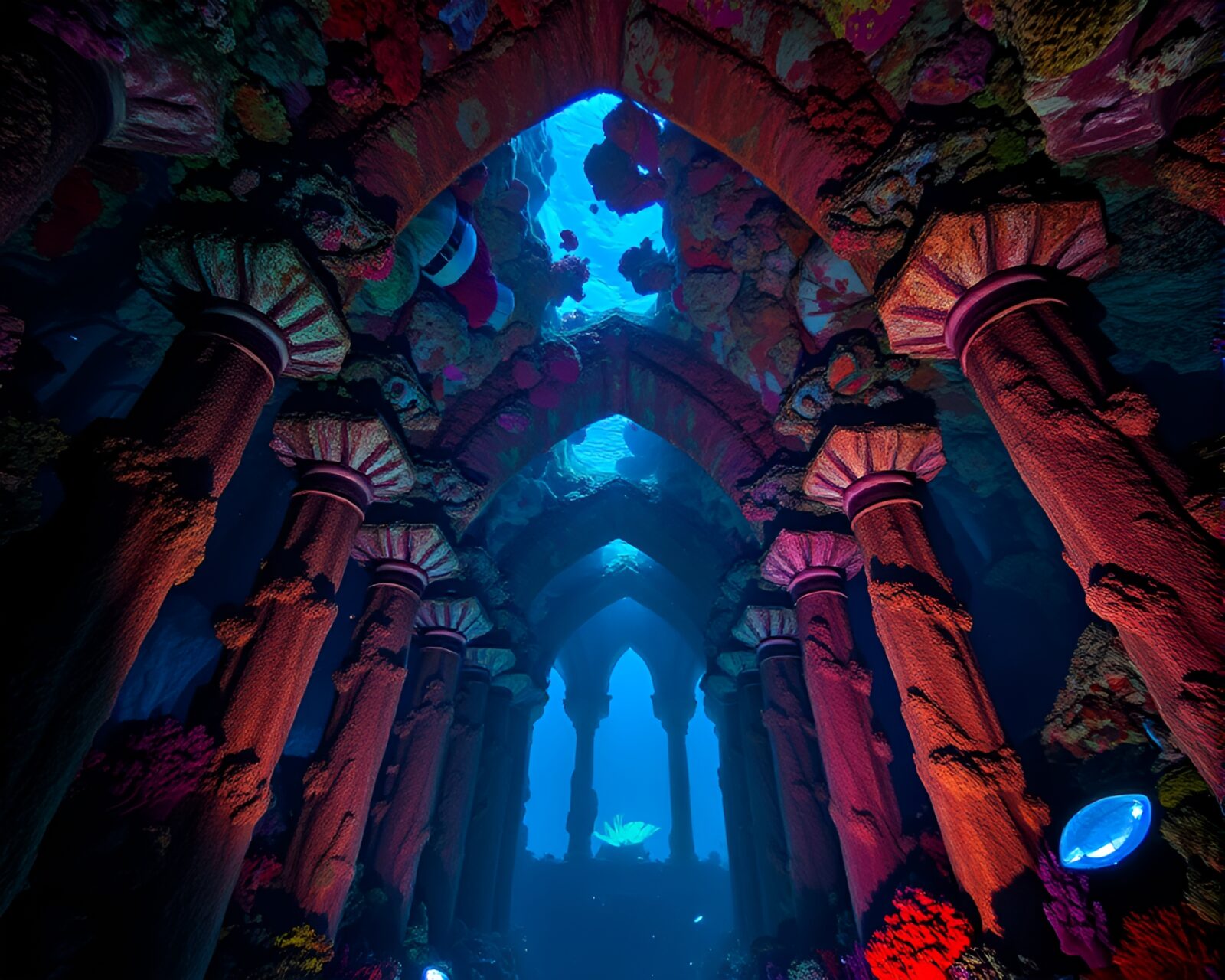 Colorful coral arches and columns glowing in dark ocean depths