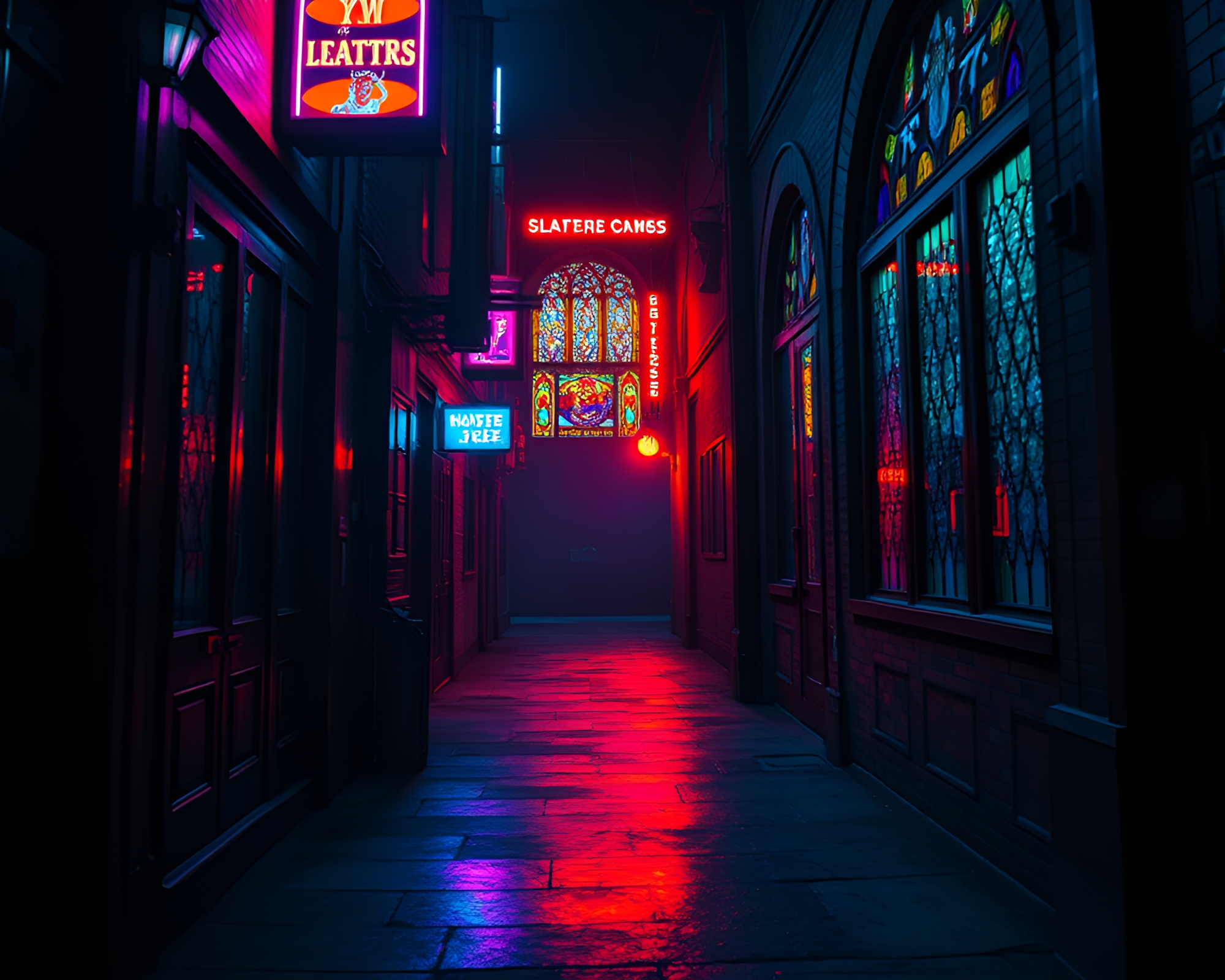 Eerie Neon-lit Alleyway with Stained Glass Windows – free AI stock image