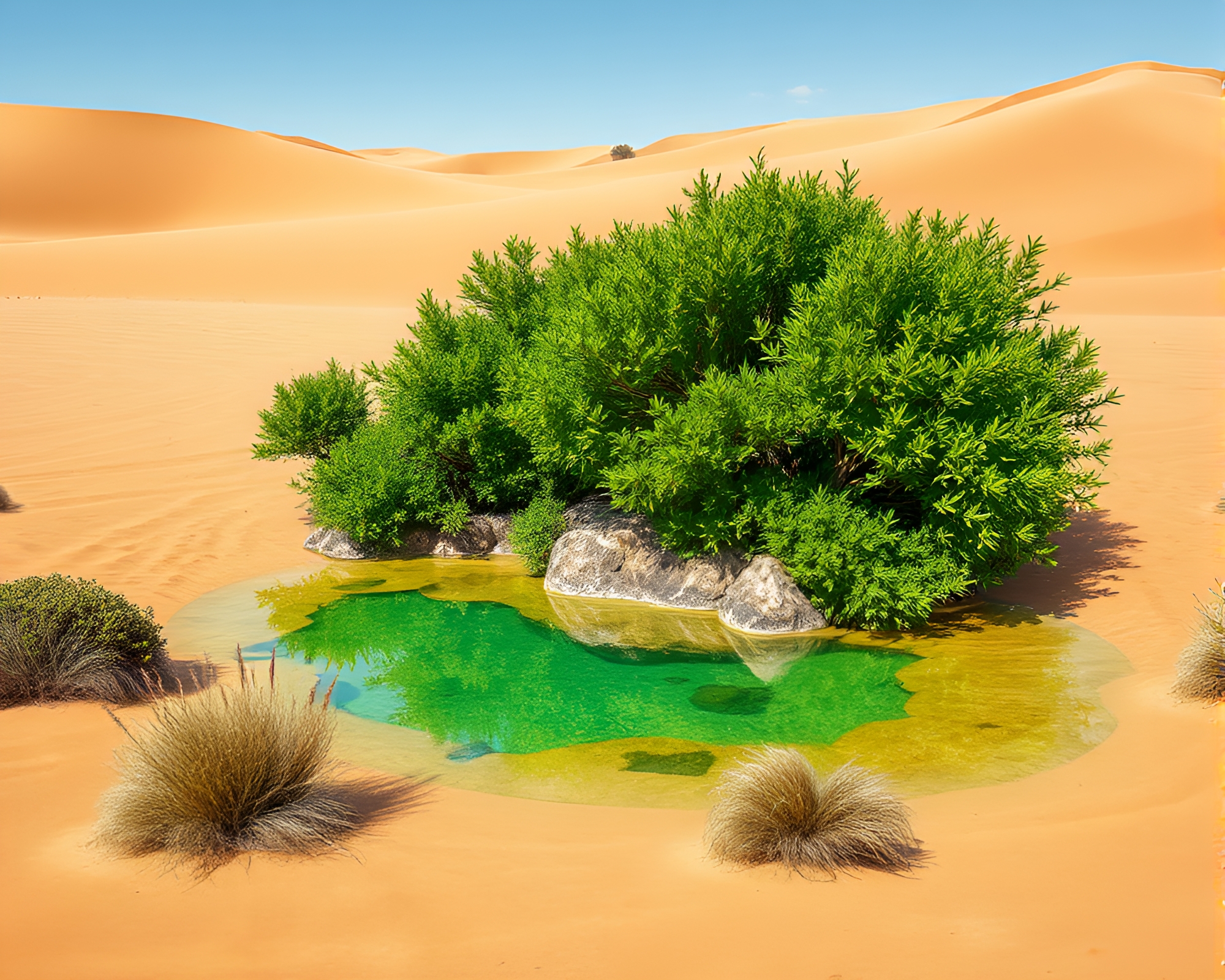Metallic Oasis Emerges from Vibrant Sand Desert – free AI stock image
