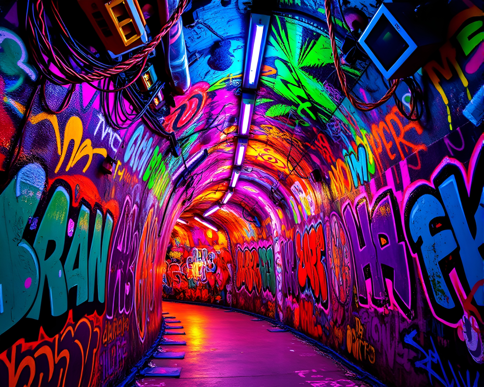 Vibrant Neon Graffiti Tunnel: Urban Creative Explosion – free AI stock image