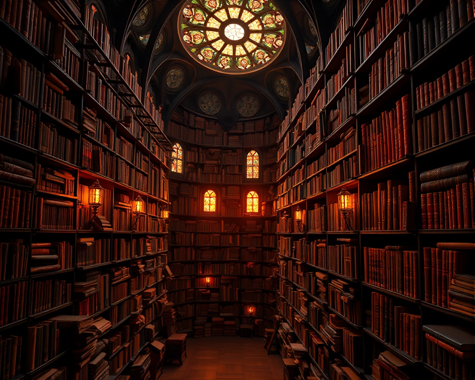 Colorful book collage in atmospheric library at sunset
