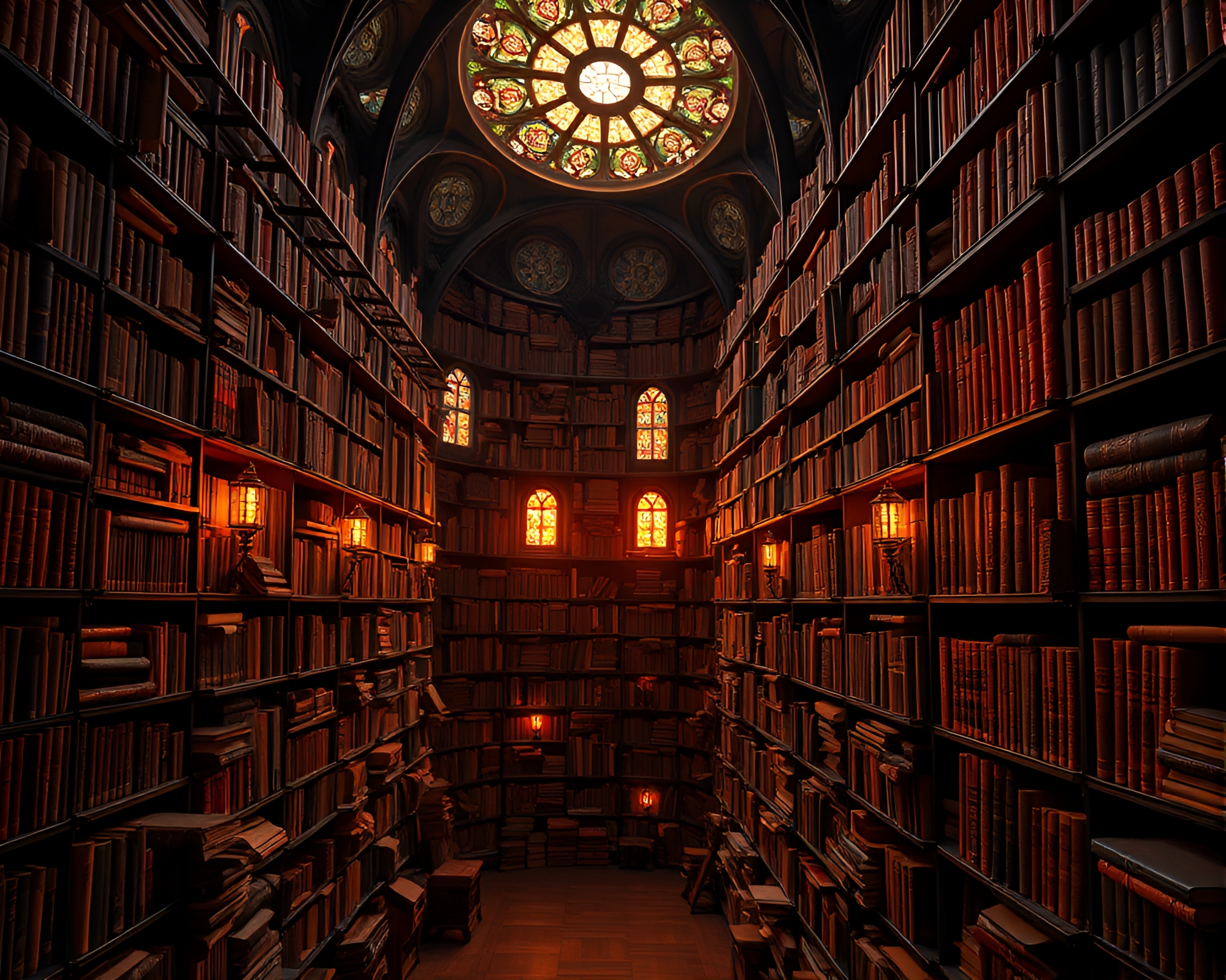 Twilight Illumination in Labyrinthine Library – free AI stock image