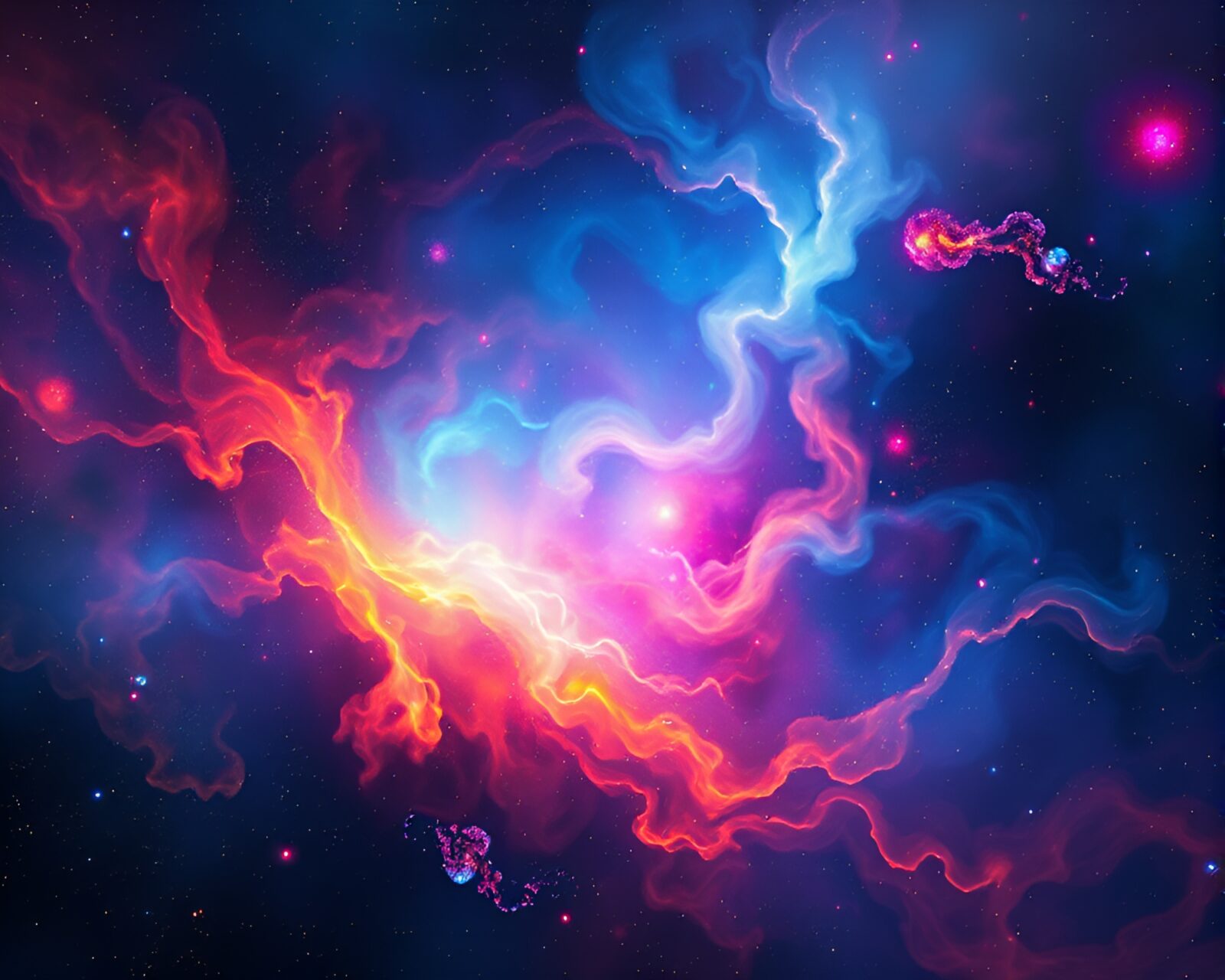 Dynamic swirling nebula in vibrant purples, blues, greens